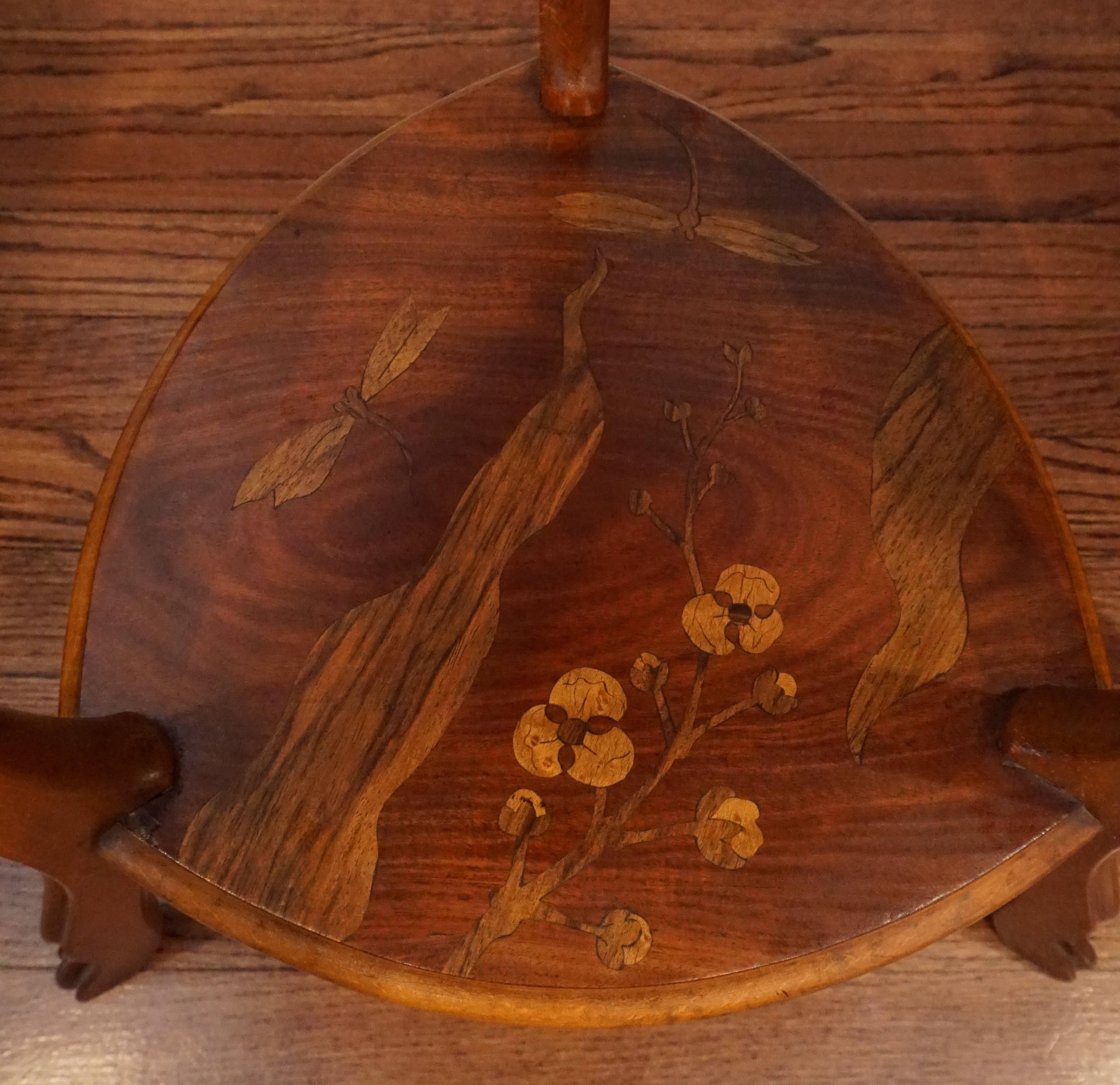 Early 20th Century Art Nouveau Marquetry Gueridon Table Stand with Dragonflies, circa 1900