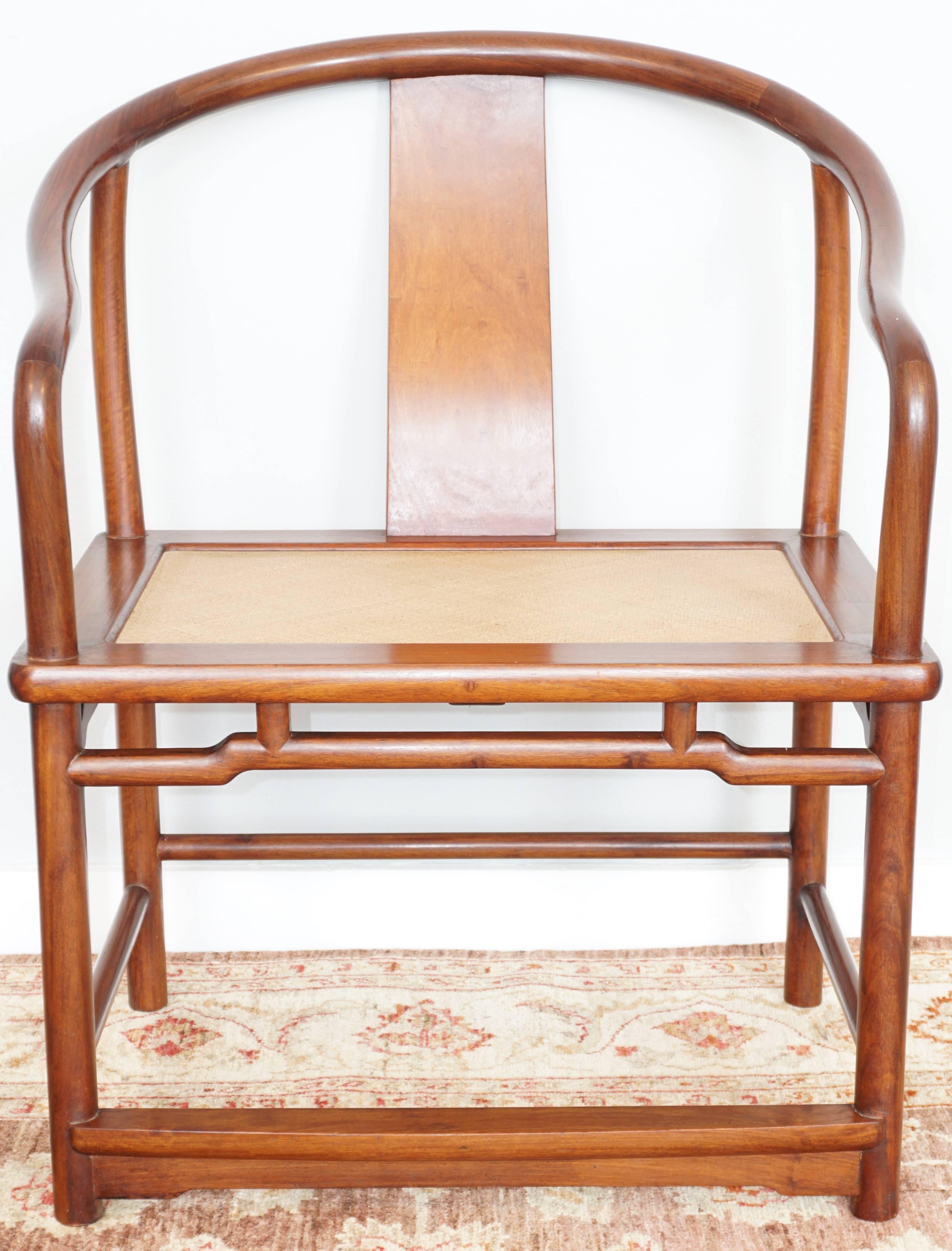 Mid-Century Modern Pair of Mid-Century Huanghuali Chinese Rosewood Horseshoe Side Armchairs