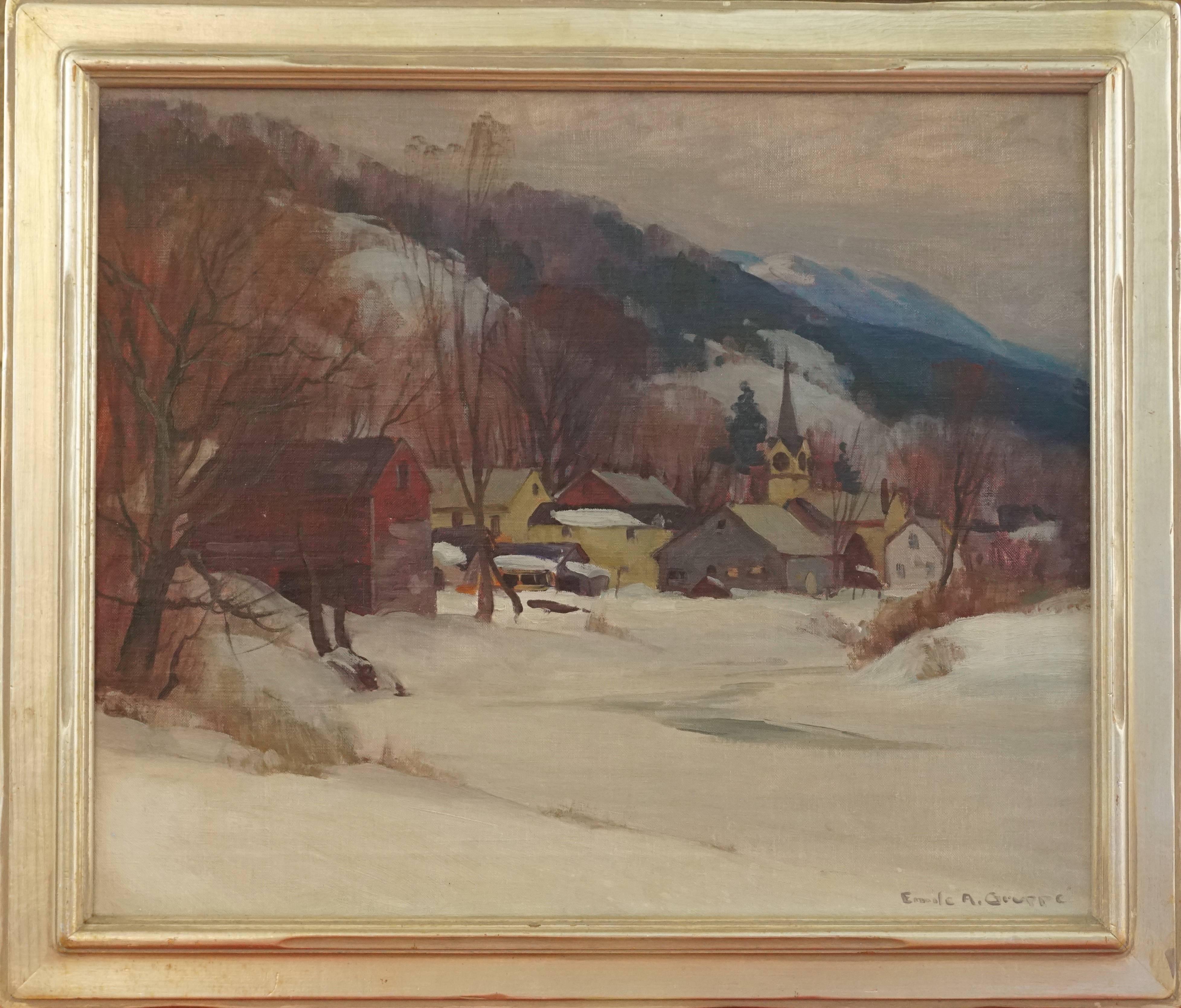Emile Albert gruppe (Am. 1896-1978) "Winter Cambridge" Vermont oil on canvas snow painting. With original frame and paper label on verso of a exhibit at Bethal Inn Gloucester 1946 with Title, Artist Name, Artist's address and price. A