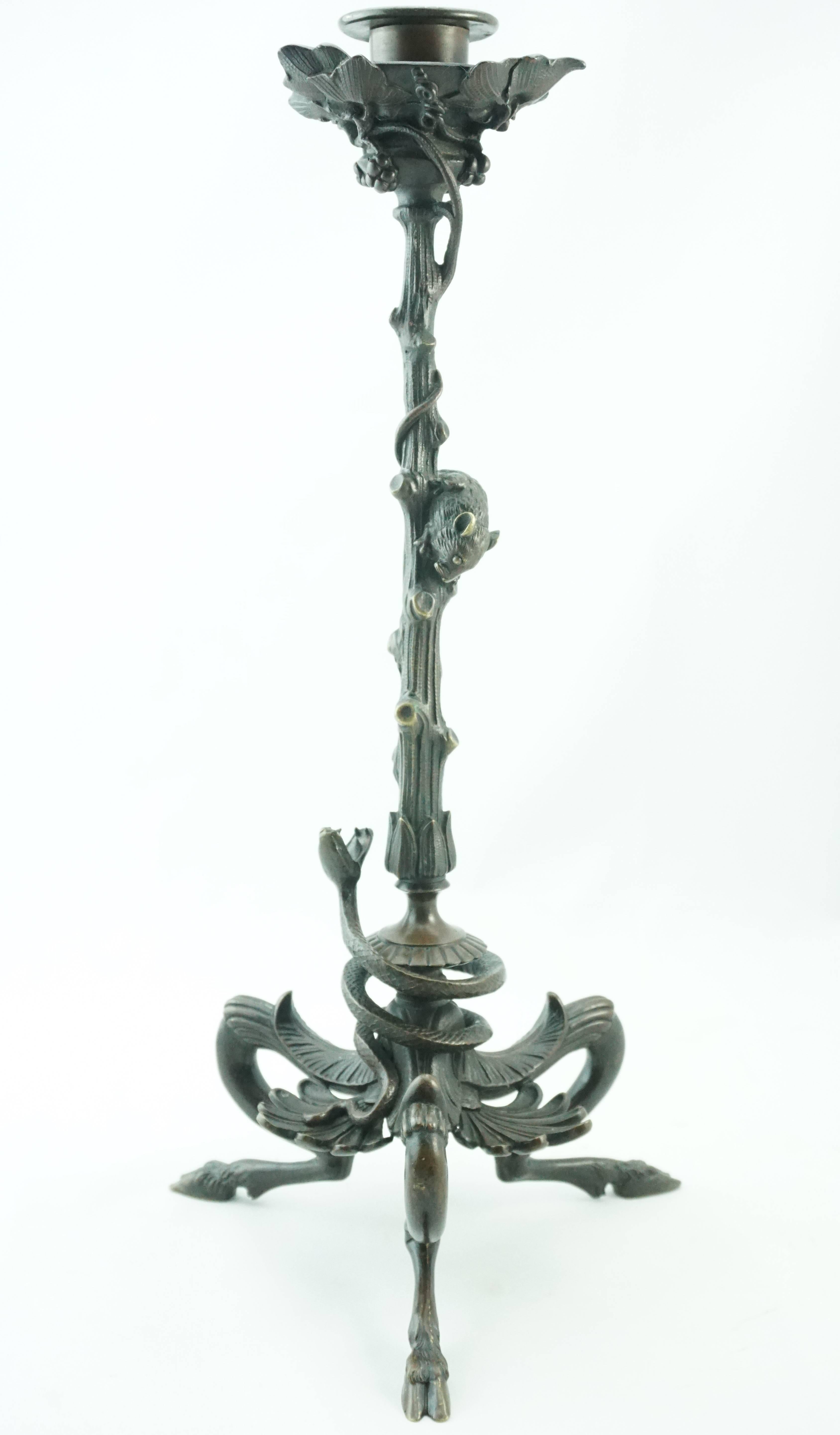 Beaux Arts Victor Paillard Pair of Bronze Snake and Mouse Candelabra