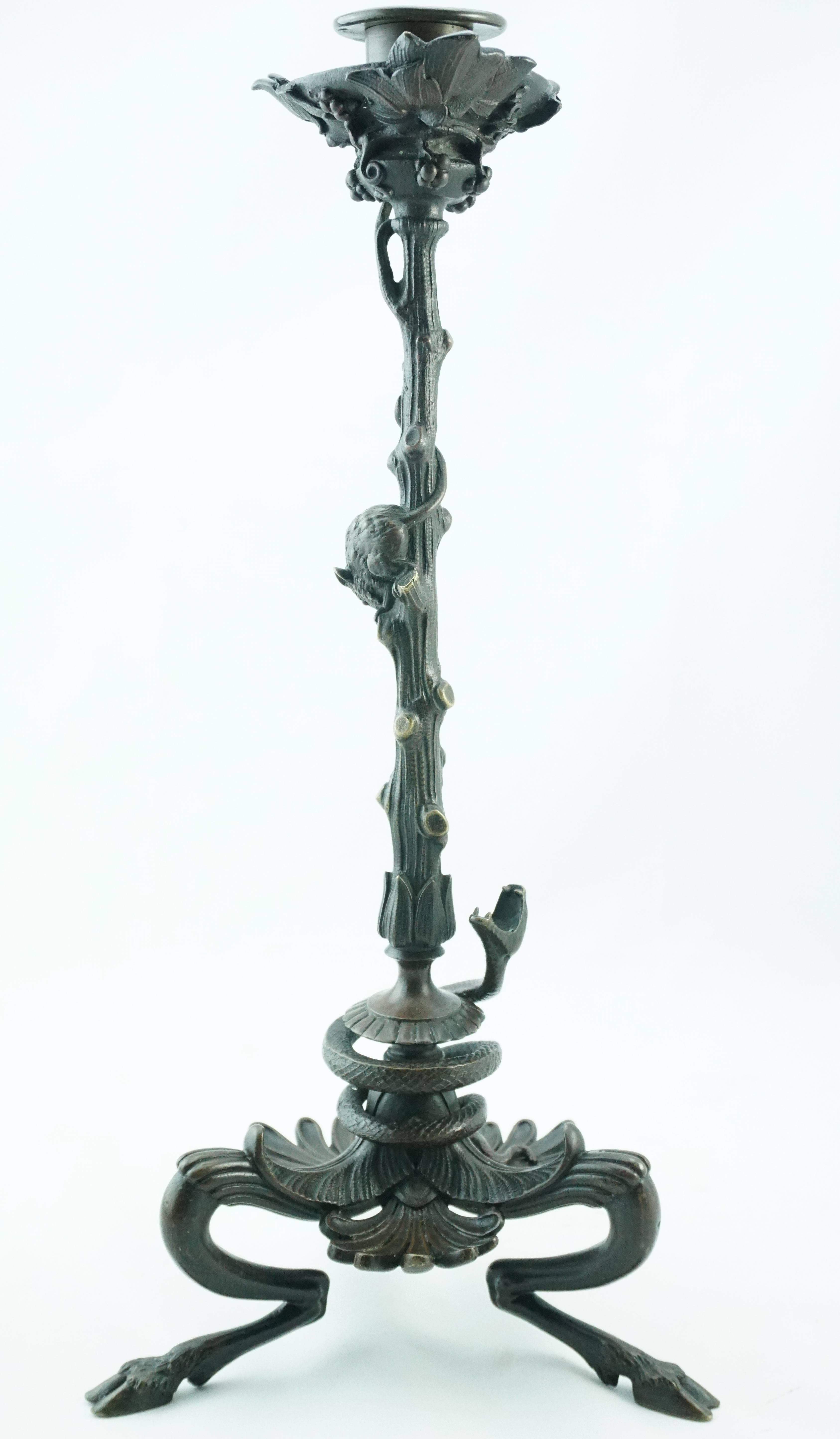 French Victor Paillard Pair of Bronze Snake and Mouse Candelabra