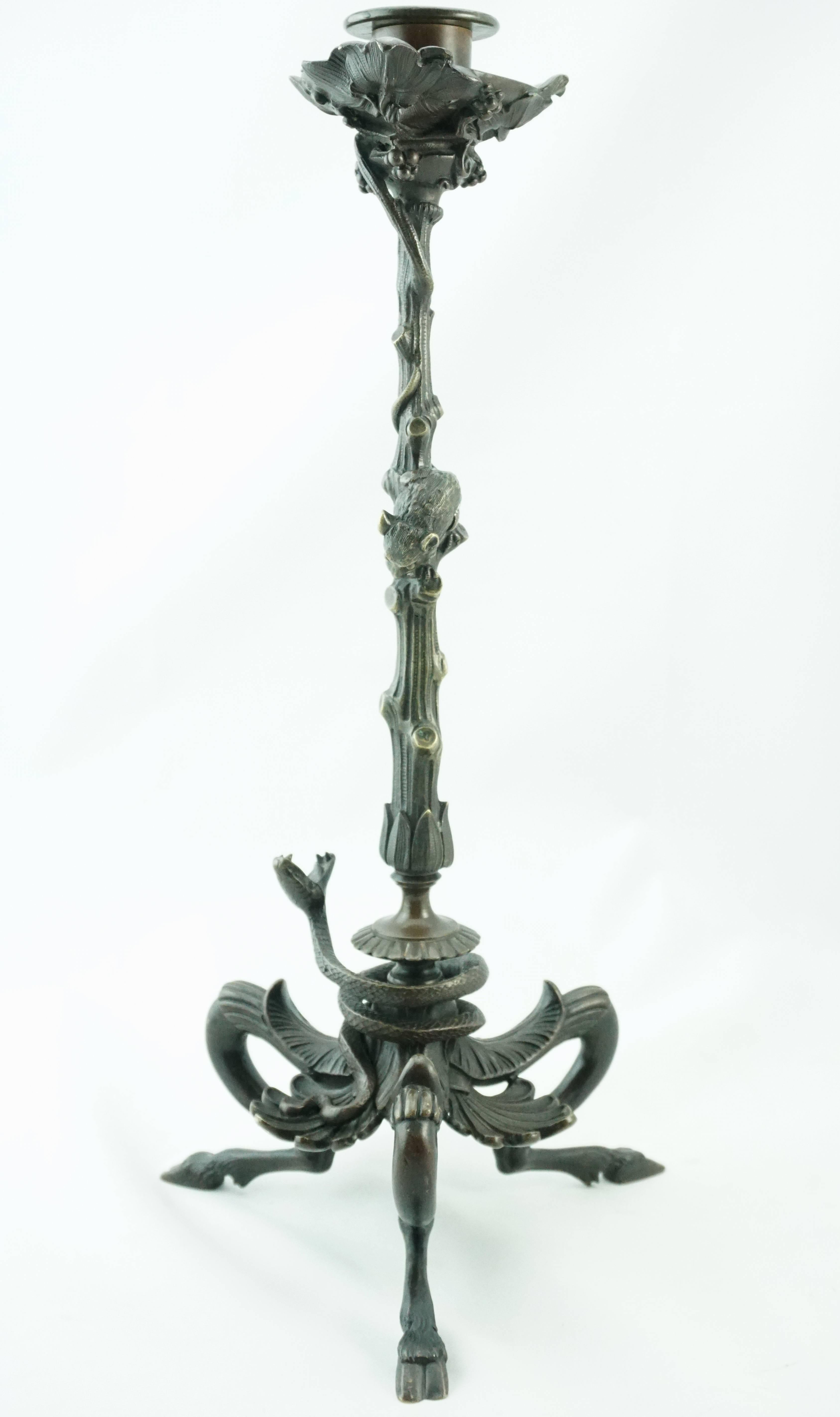 Cast Victor Paillard Pair of Bronze Snake and Mouse Candelabra