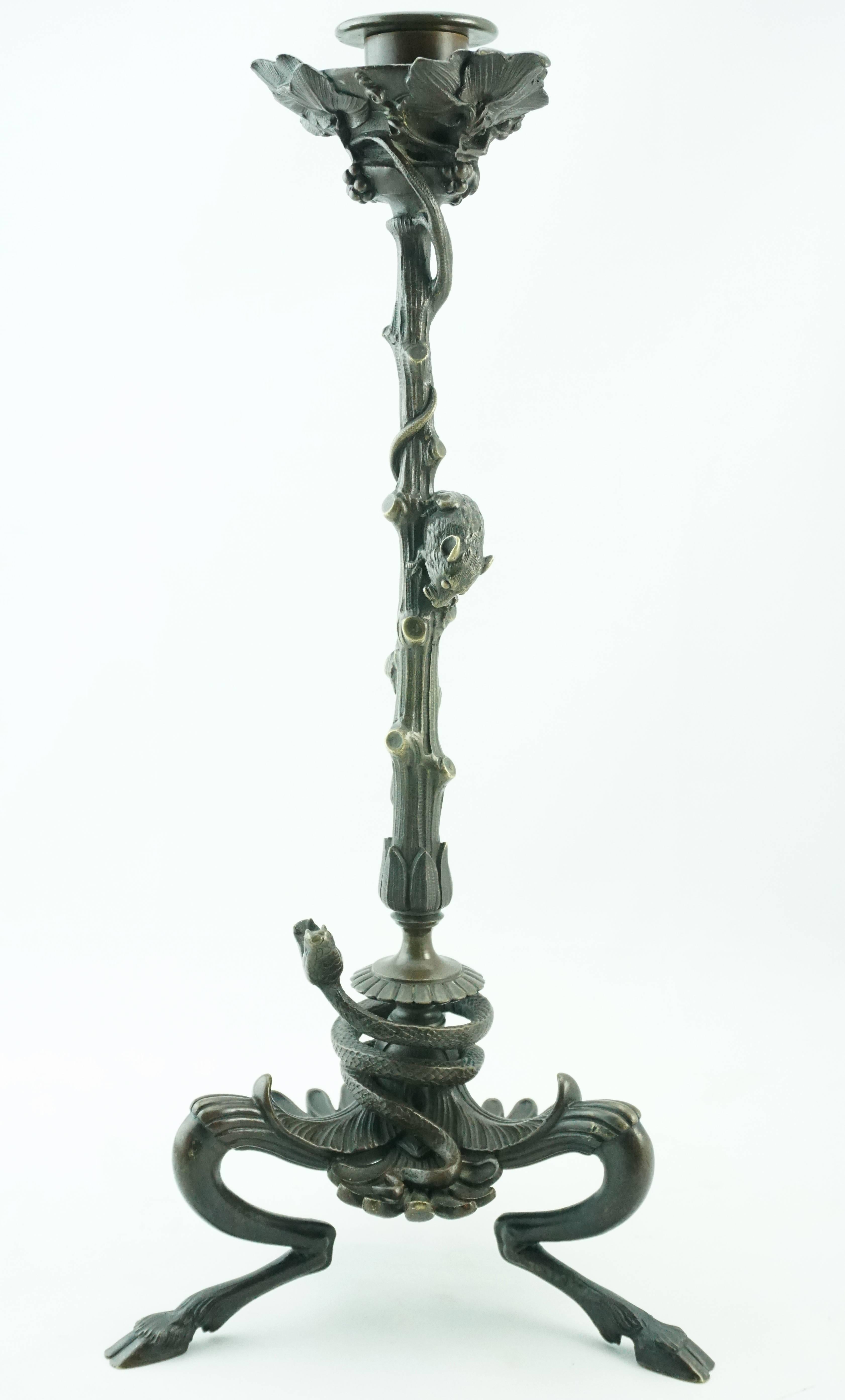 Victor Paillard Pair of Bronze Snake and Mouse Candelabra In Excellent Condition In Dallas, TX