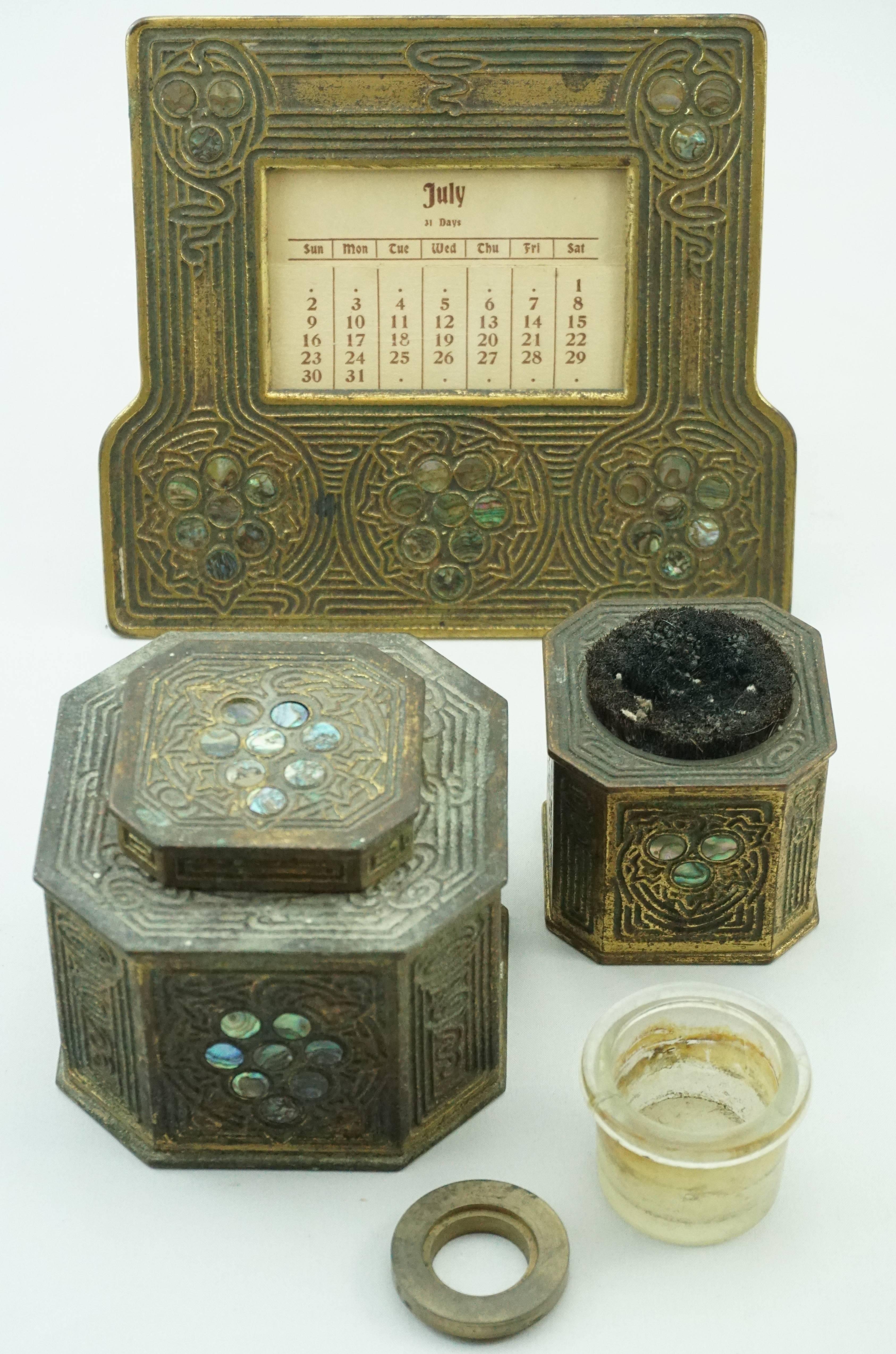 Art Nouveau Tiffany Studios New York Abalone Nine-Piece Bronze Desk Set, circa 1910