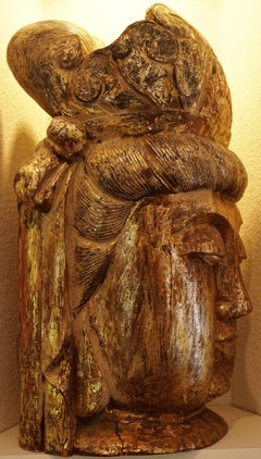 Large Gilt Buddha Head Wood Carved, 19th Century