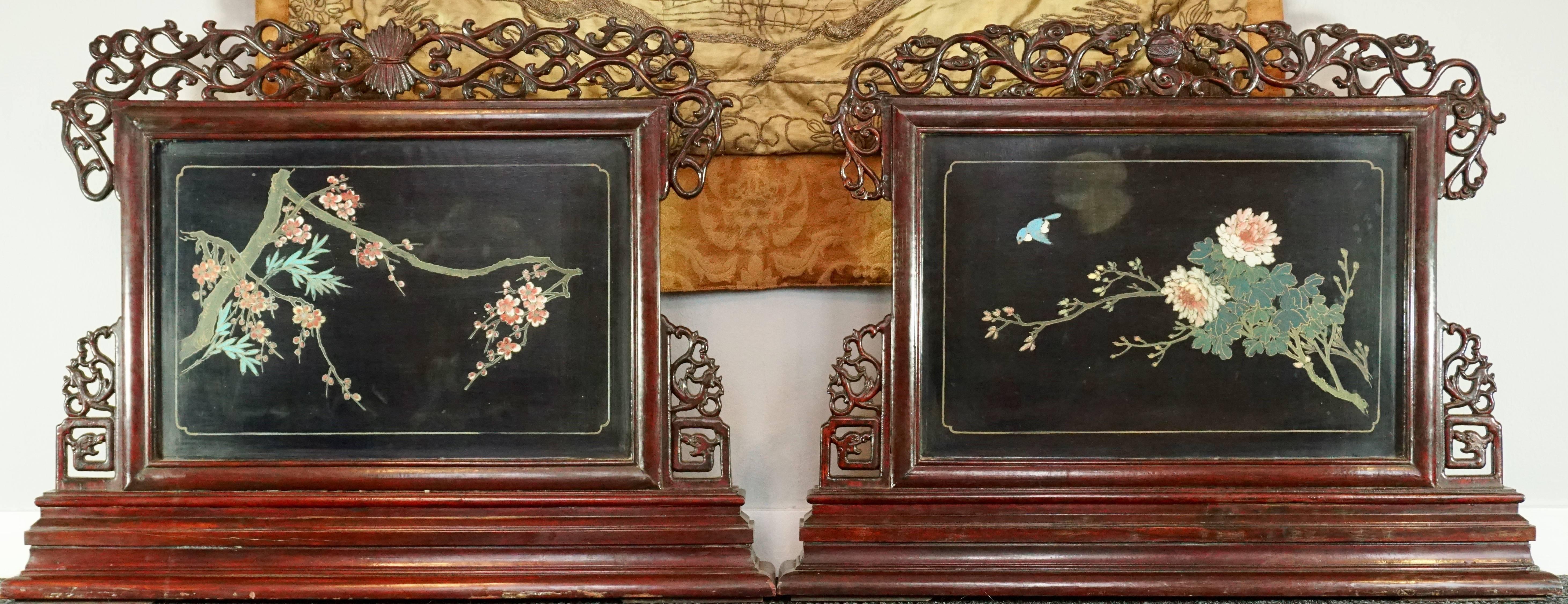Pair of large Chinese Republic period hardstone jade mounted screans. Late Qing to Republic period 20th century heavy lacquered panels with carved ornate scrolling. Panels have intricate carved stones representing exotic birds (sparrows, swallows