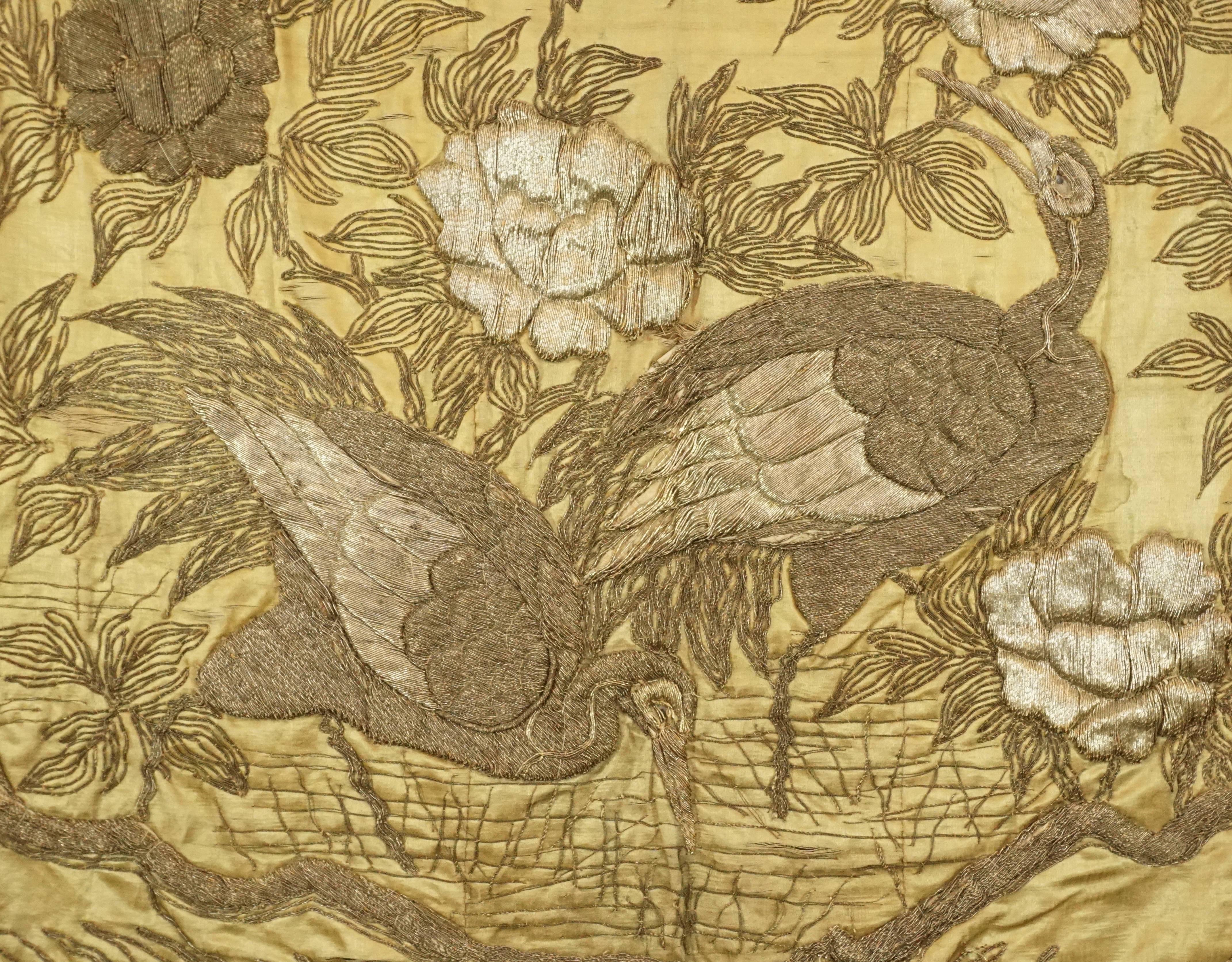 Hand-Crafted Japanese Meiji Period Silver Embroidery On Silk Of Hawk Attacking White Cranes