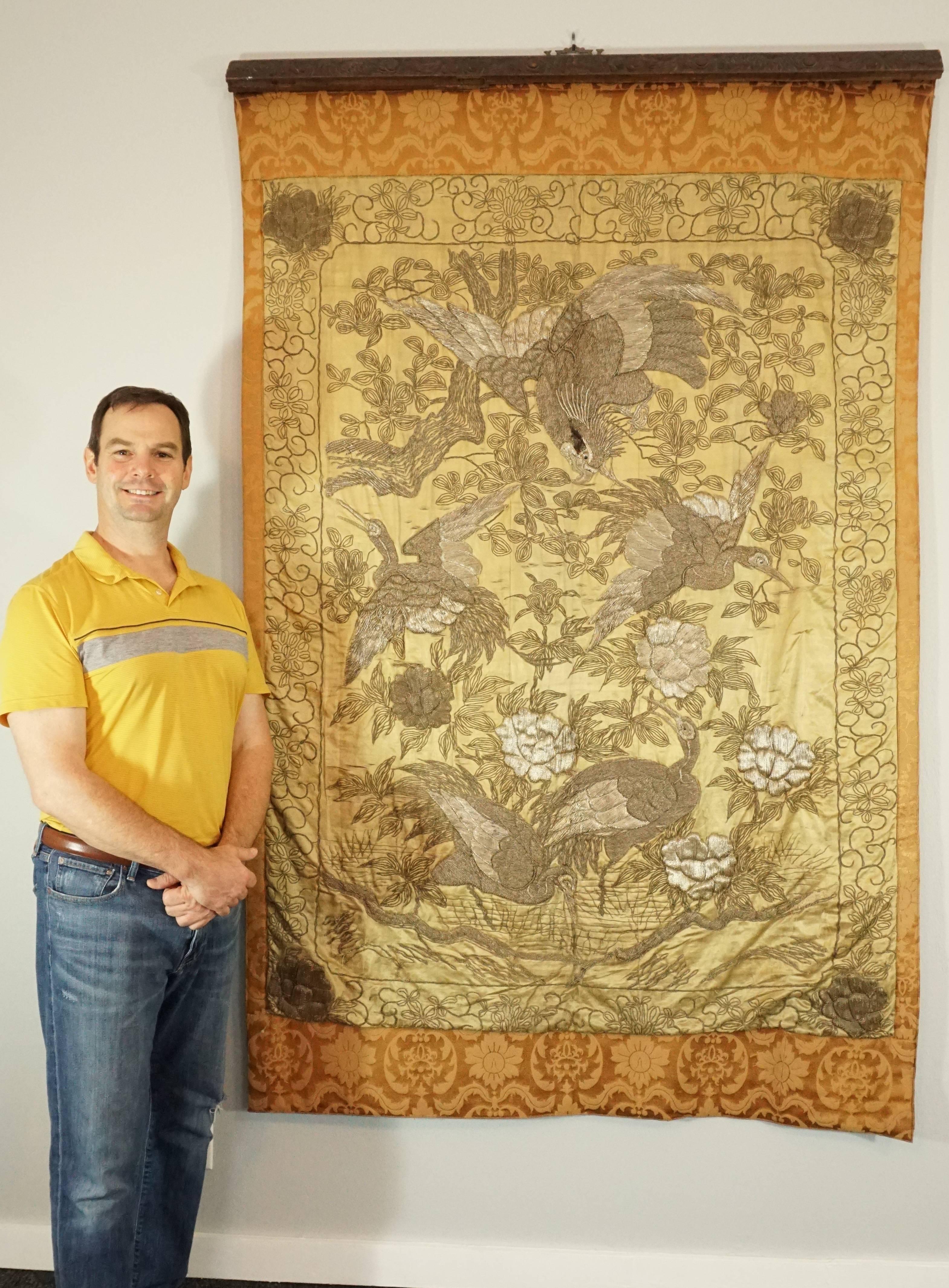 Japanese Meiji Period Silver Embroidery On Silk Of Hawk Attacking White Cranes In Fair Condition In Dallas, TX