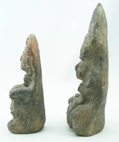 Two Pre Colombian Aztec Carved Volcanic Stone Figures with Headdress