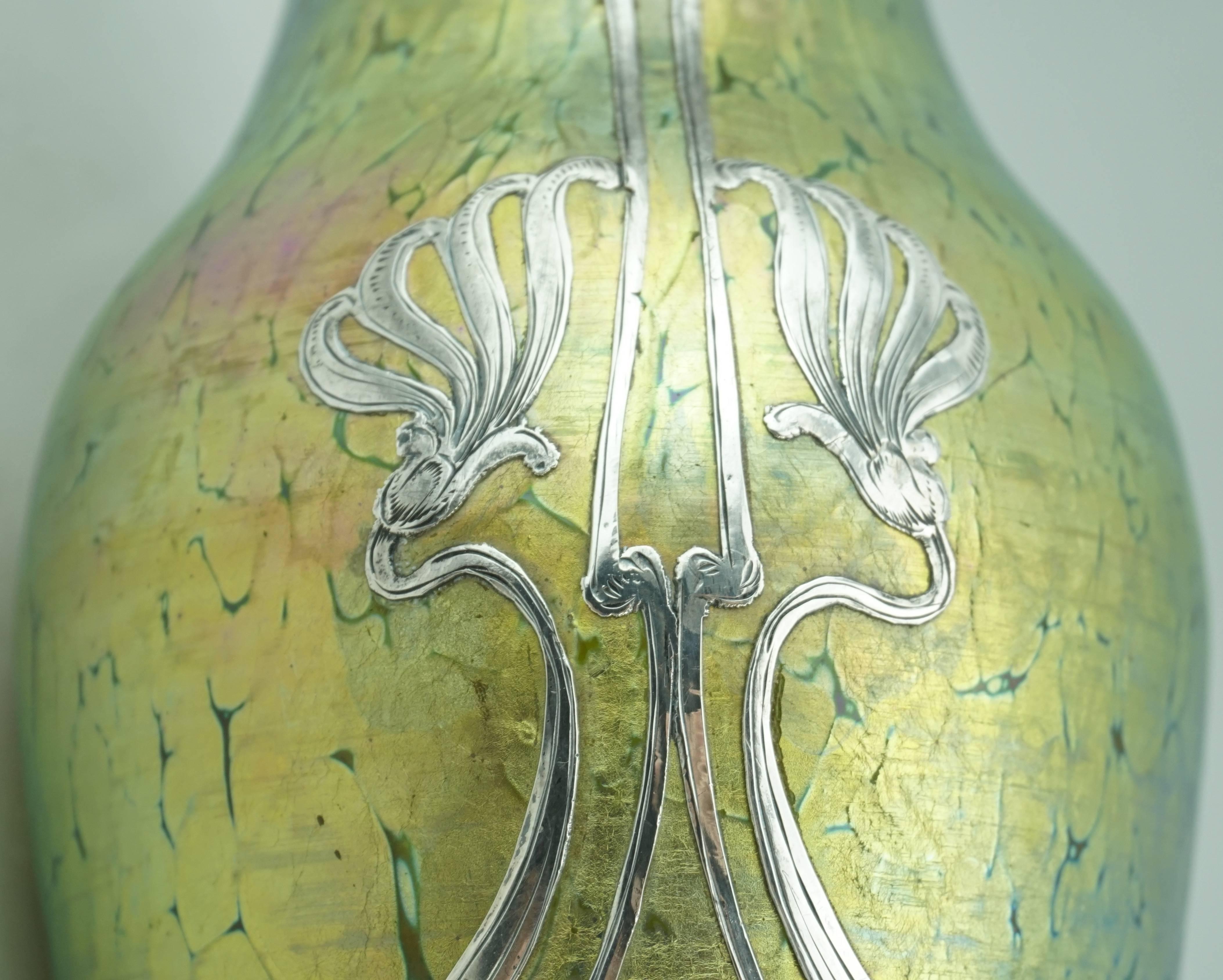 Czech Loetz Crete Papillon Silver Overlay Art Nouveau Vase