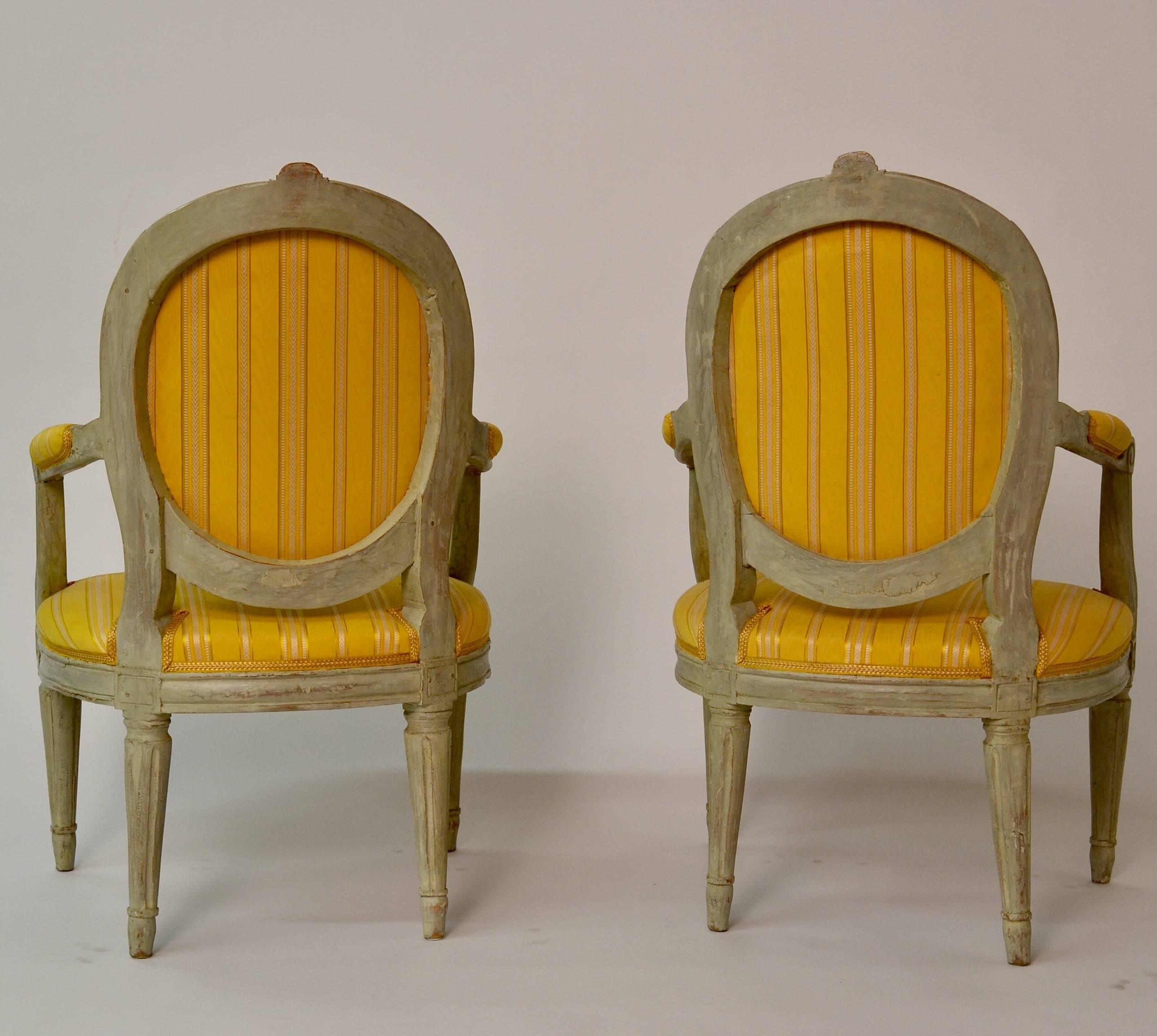 Swedish Pair of Gustavian Period Yellow Upholstered Armchairs, 18th Century