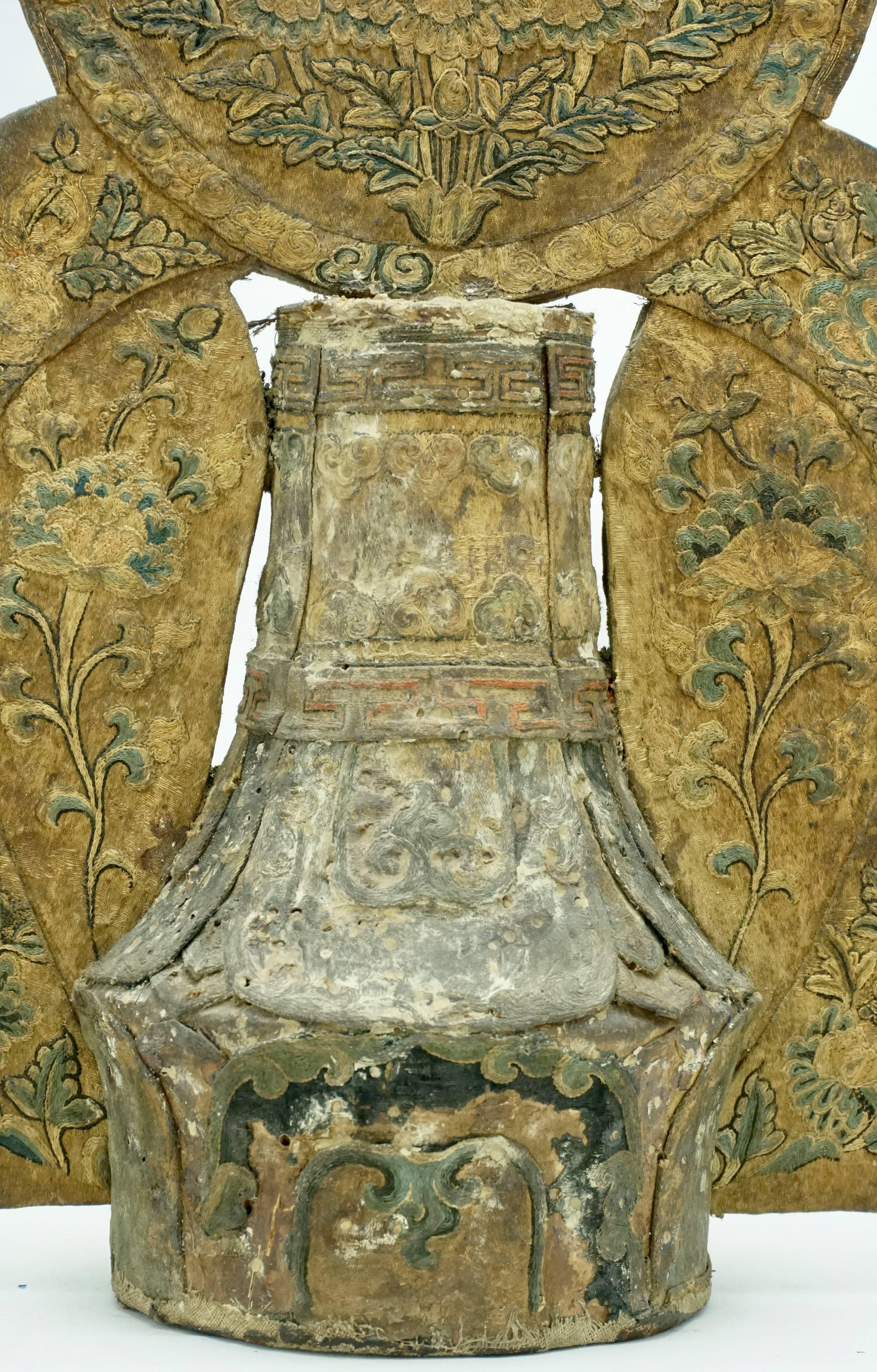 17th Century Tibetan Embroidered Silk and Wood Carved Buddha Stupa 1
