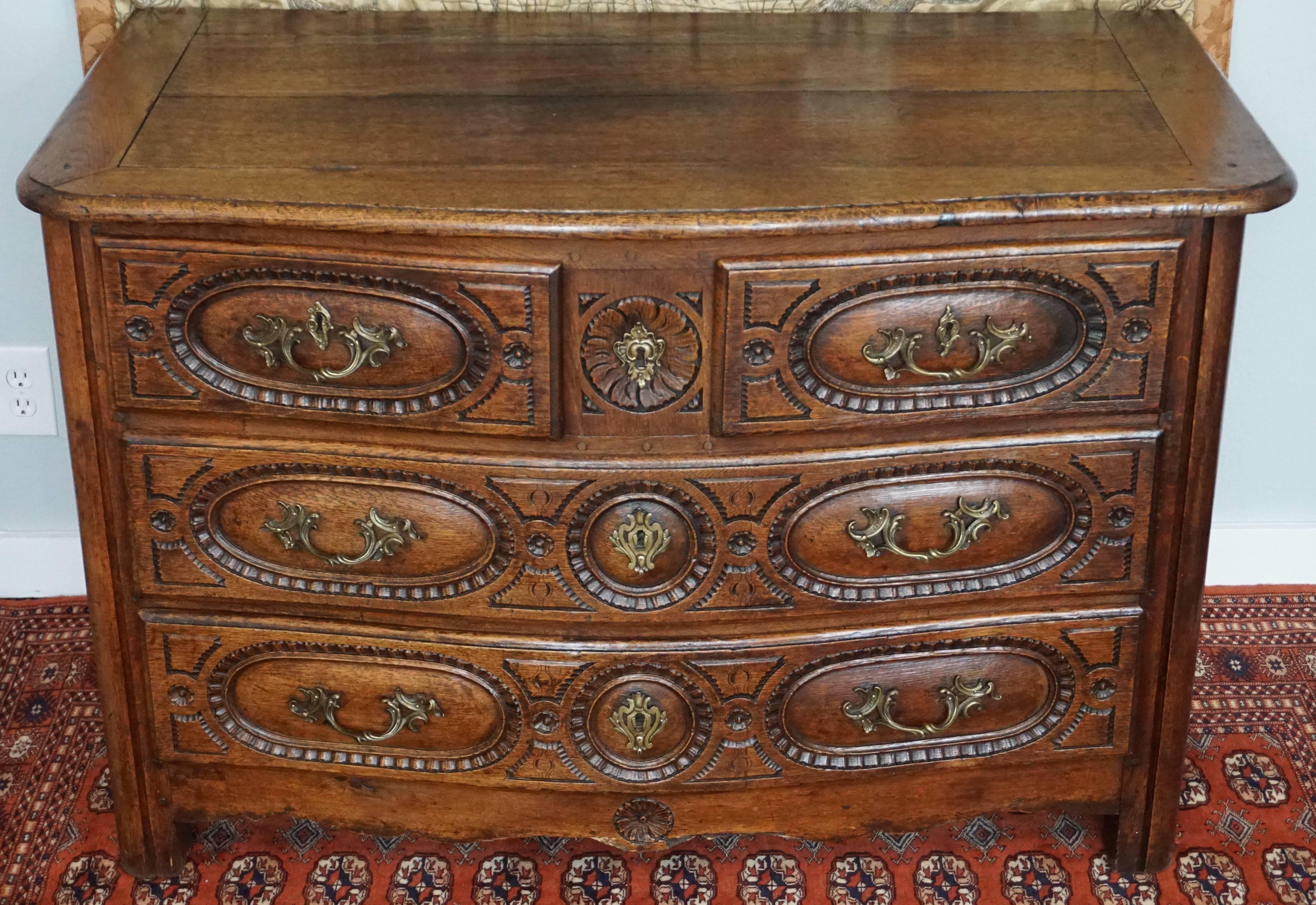 Hand-Carved Louis XV French Provincial Oak 18th Century Commode Chest
