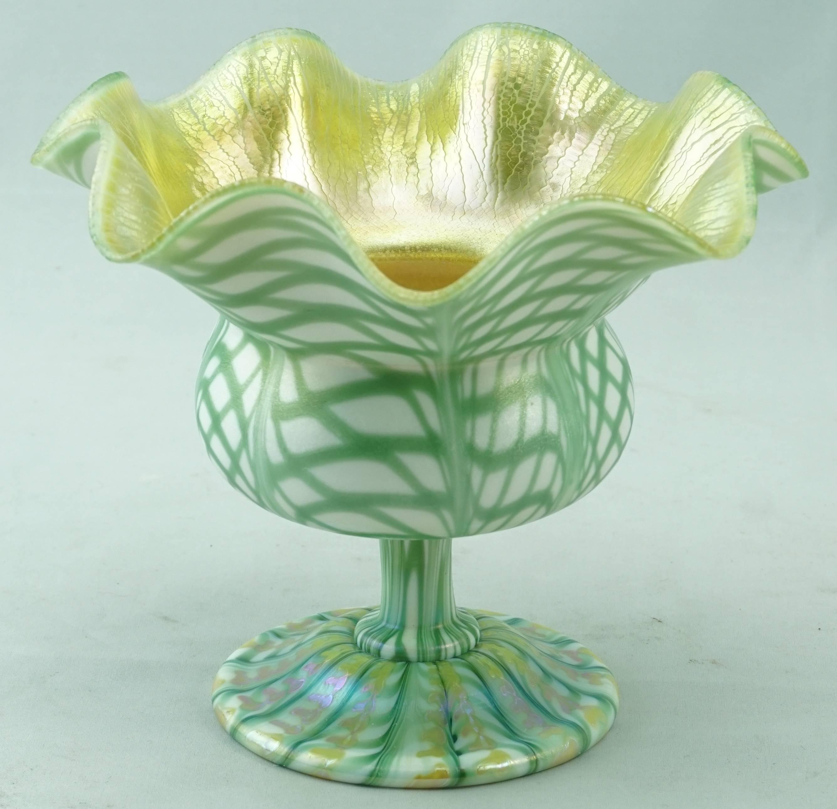 Art Nouveau Quezal Floriform Fishnet and Zipper Decorated Compote