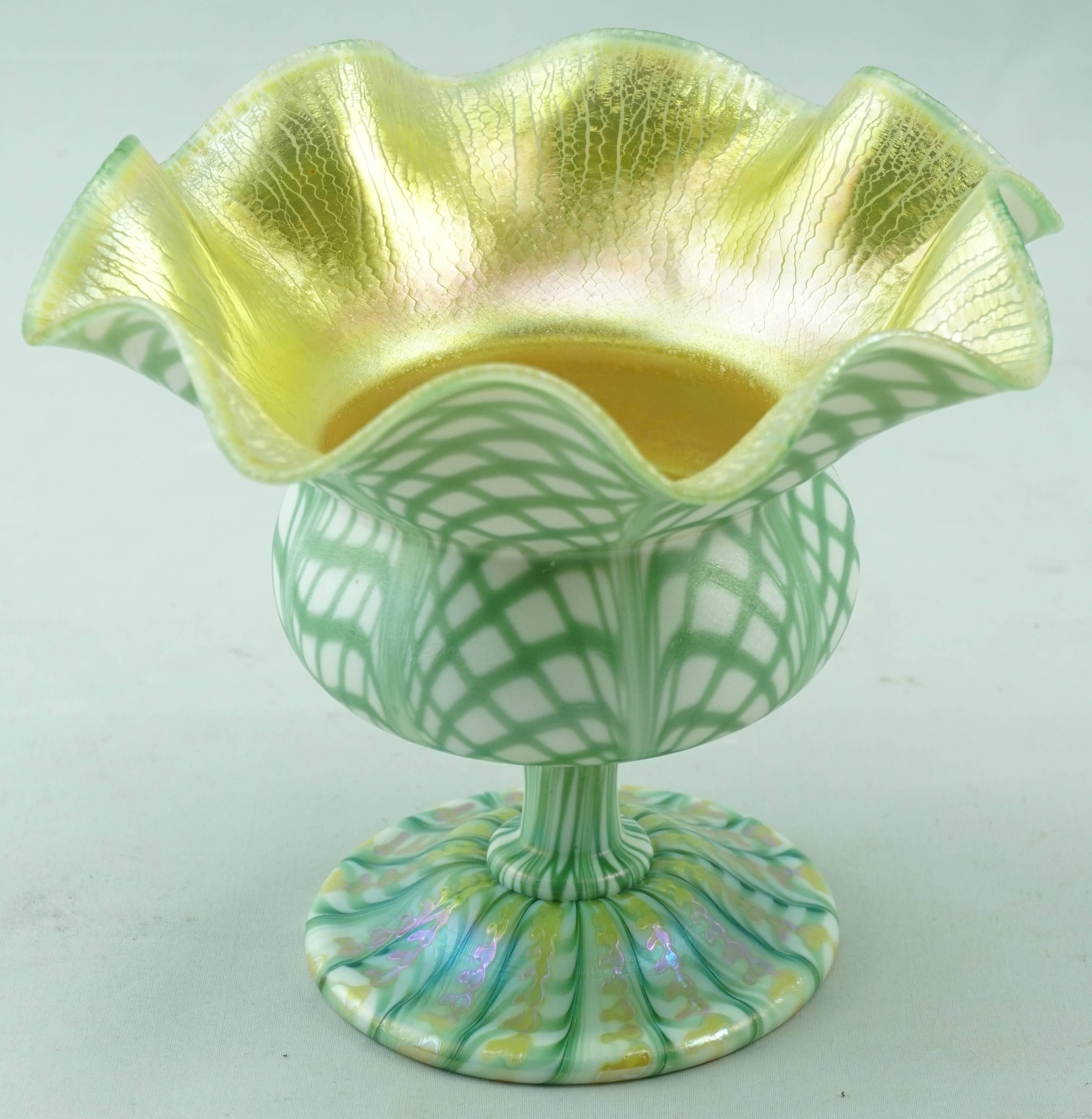 American Quezal Floriform Fishnet and Zipper Decorated Compote