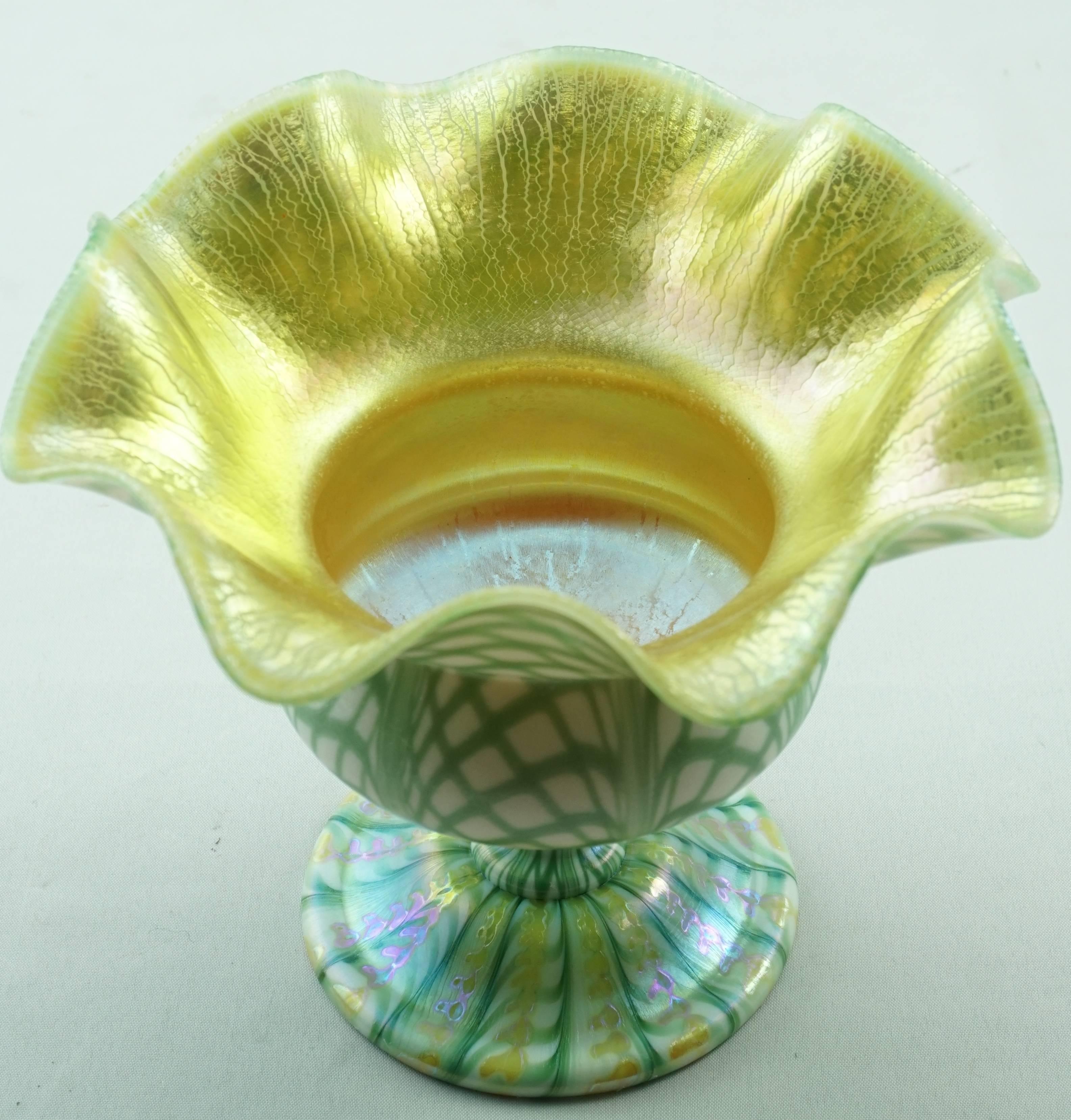 Fired Quezal Floriform Fishnet and Zipper Decorated Compote