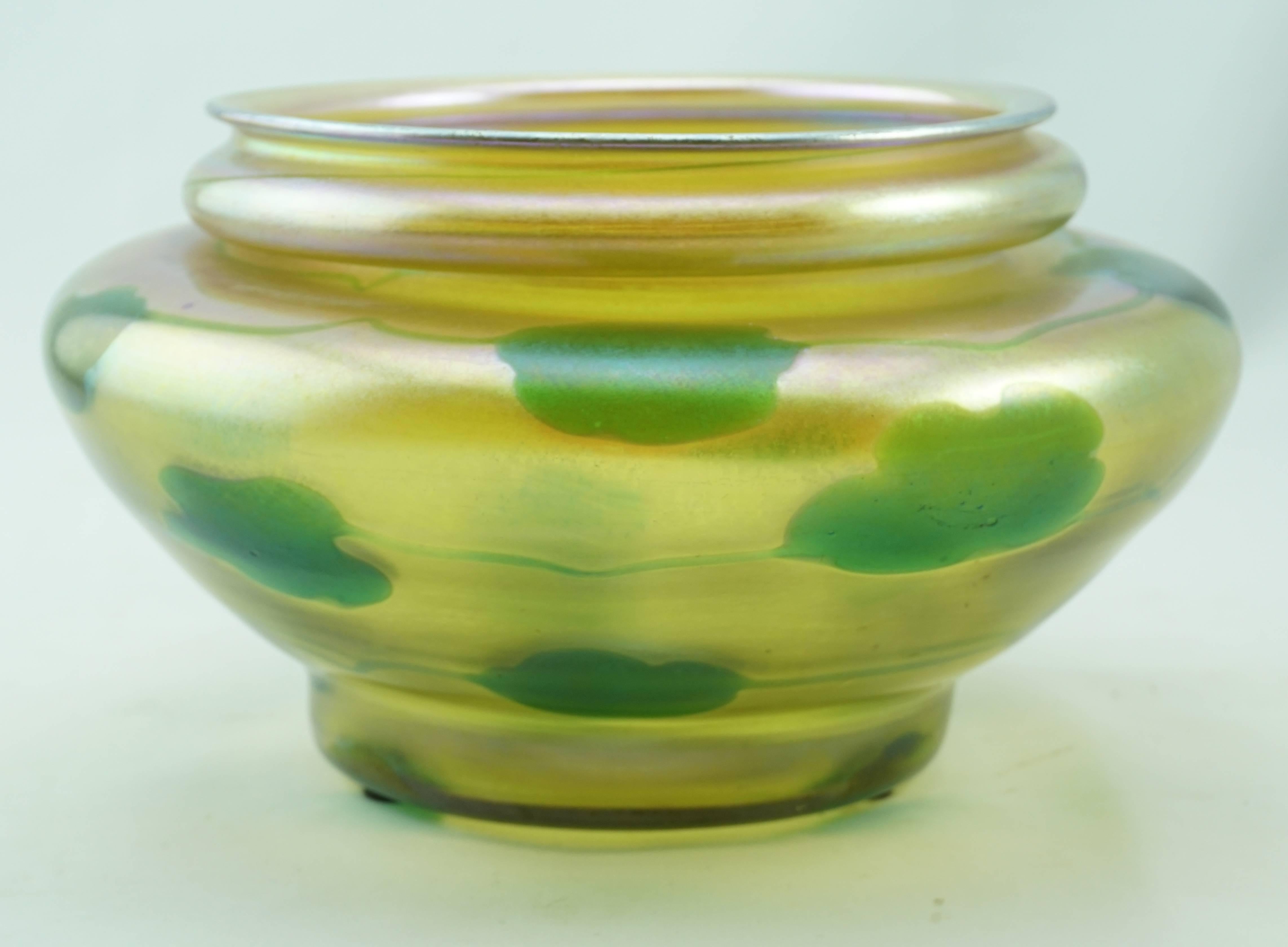 American Tiffany Studios Favrile Leaves Hearts and Vines Fat Low Vase
