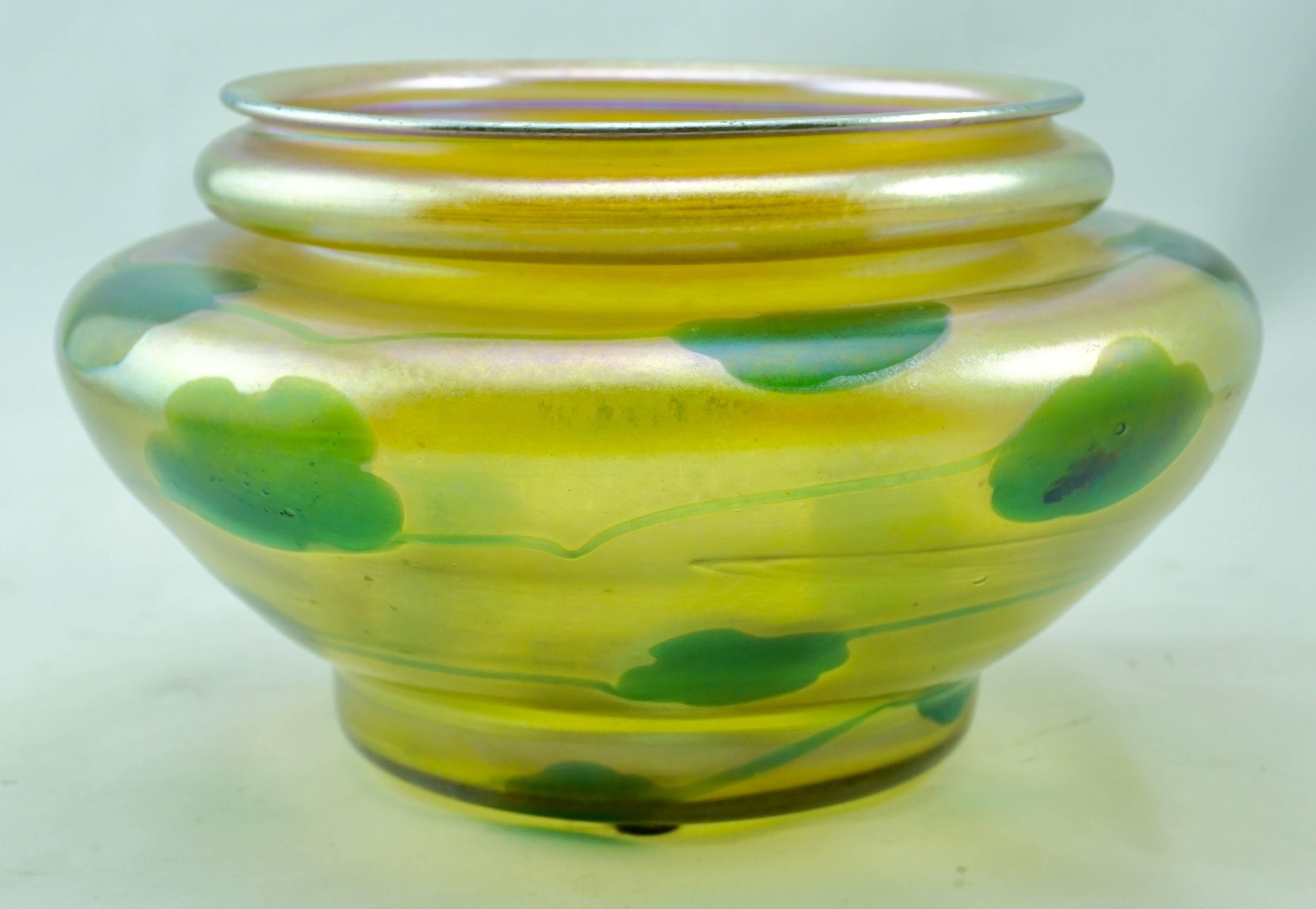 Art Nouveau Tiffany Studios Favrile Leaves Hearts and Vines Fat Low Vase