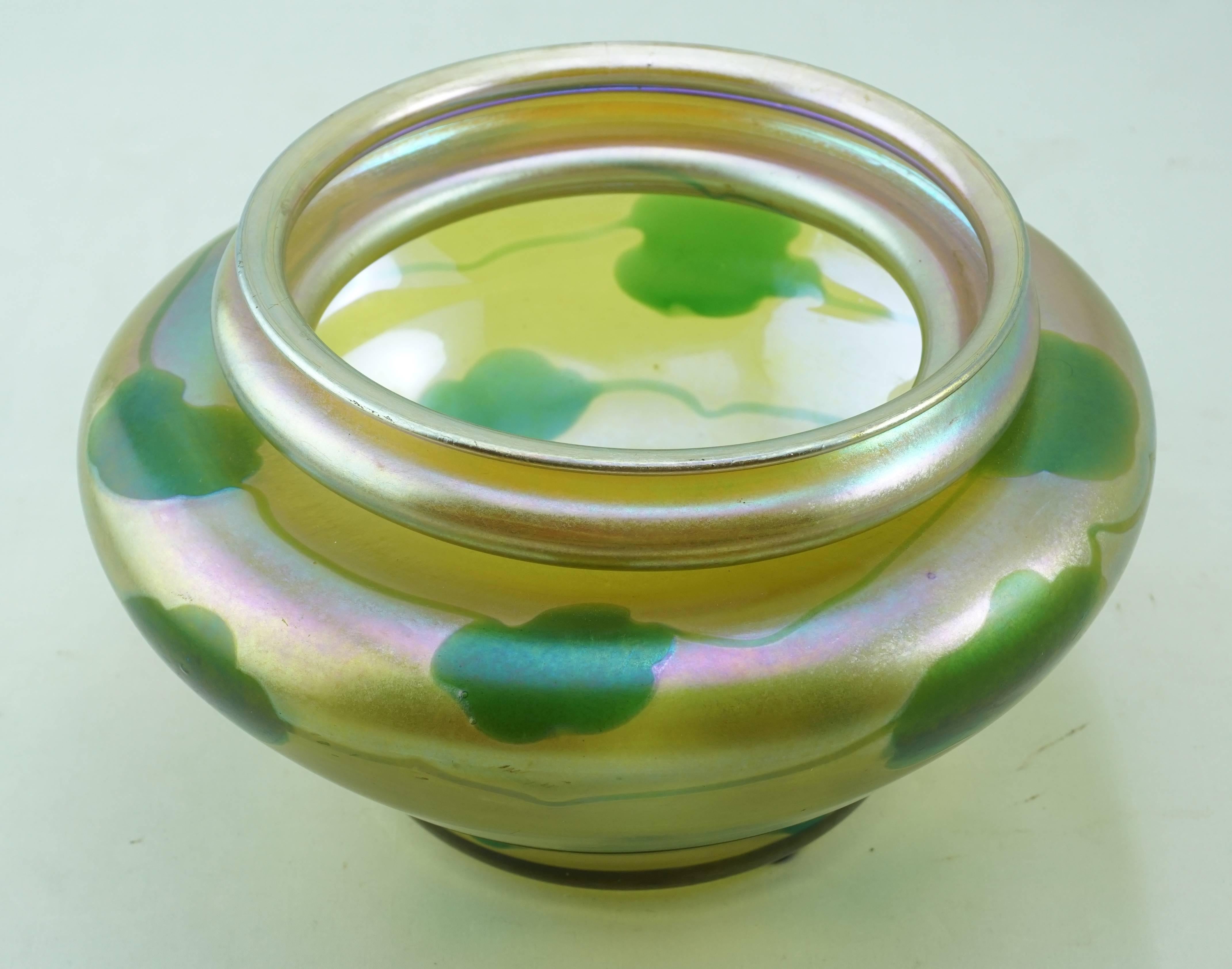 Fired Tiffany Studios Favrile Leaves Hearts and Vines Fat Low Vase