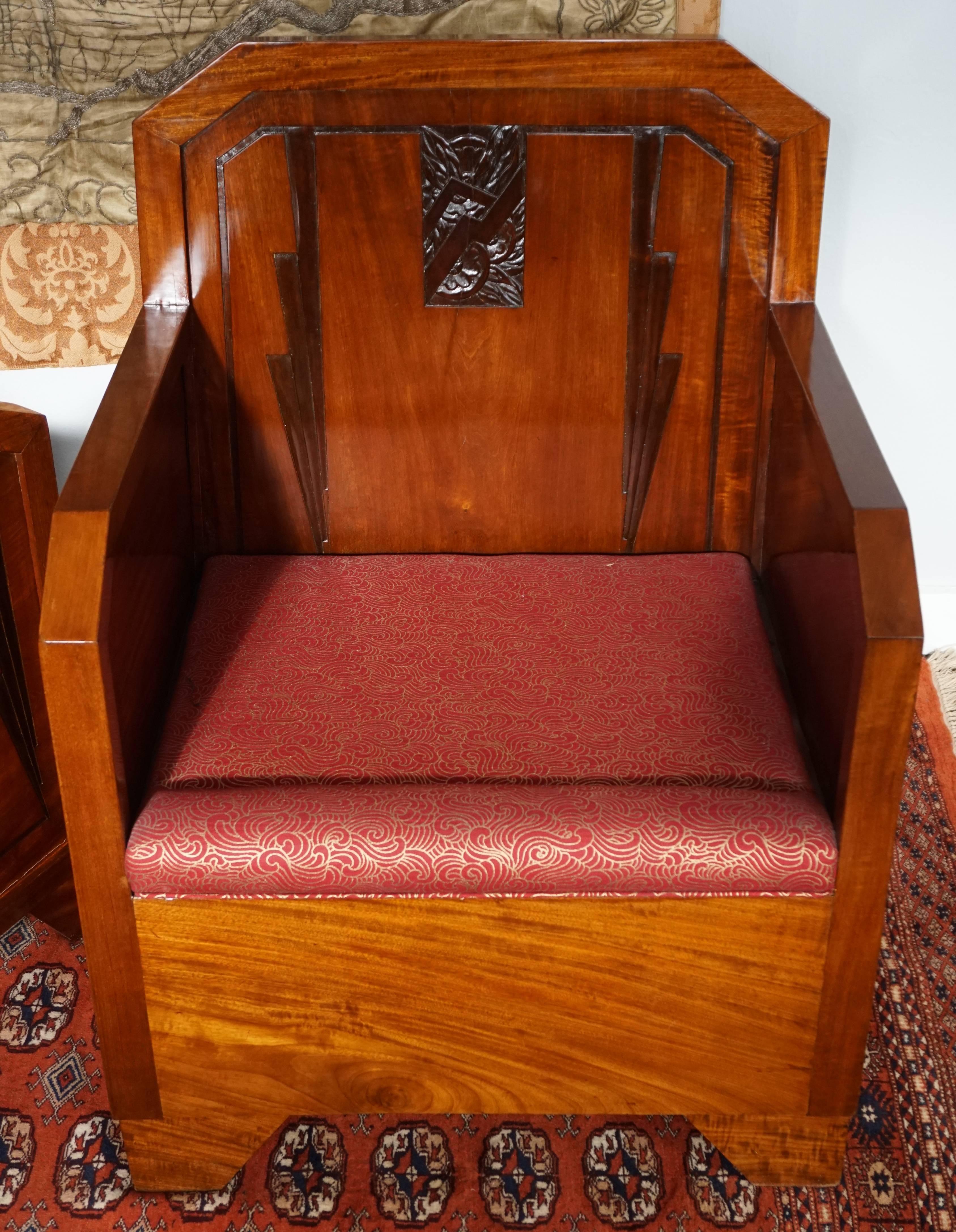 Pair French Art Deco Mahogany Red Club Armchairs, 1930 1