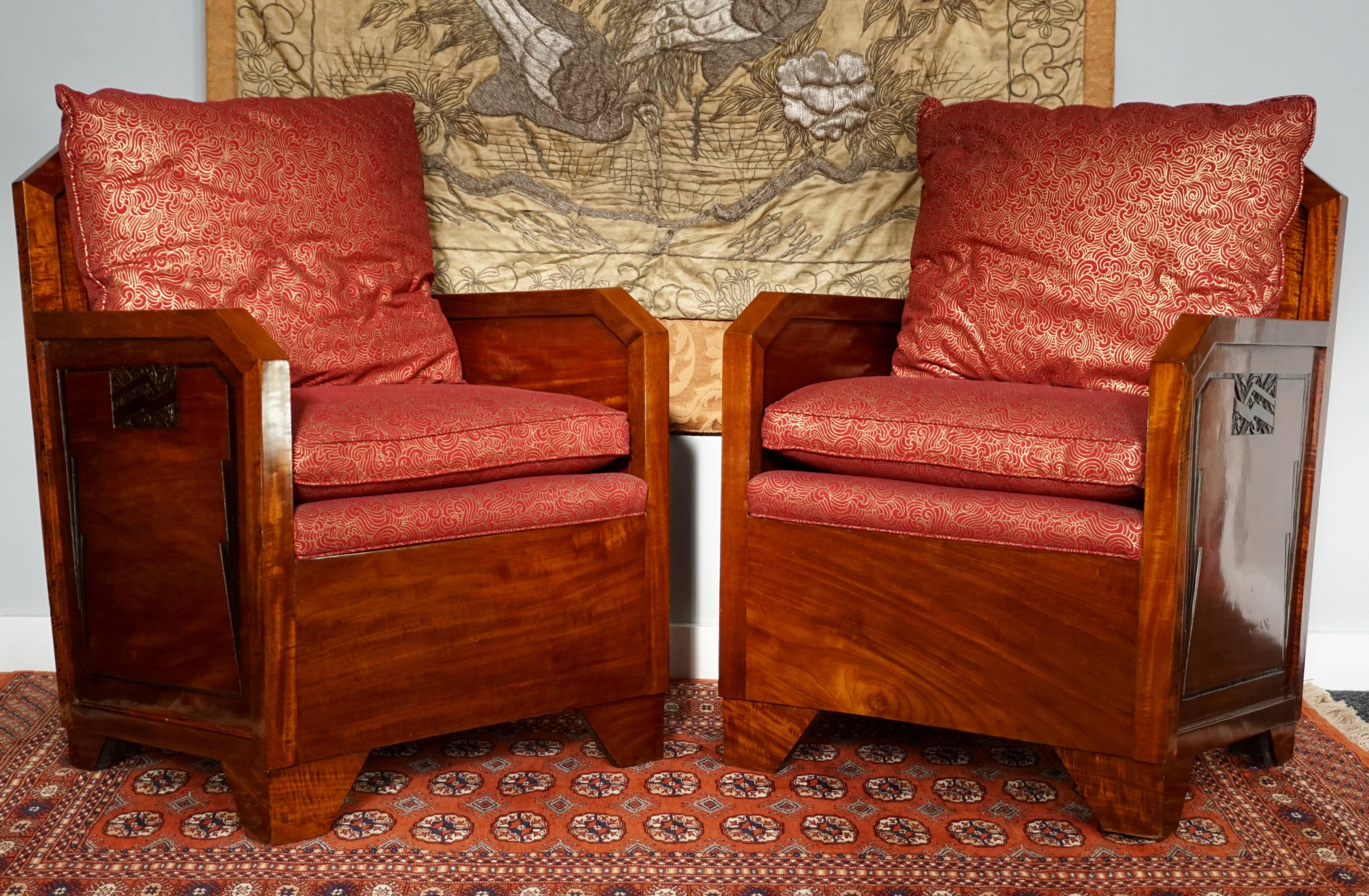Pair French Art Deco Mahogany Red Club Armchairs, 1930 In Good Condition In Dallas, TX