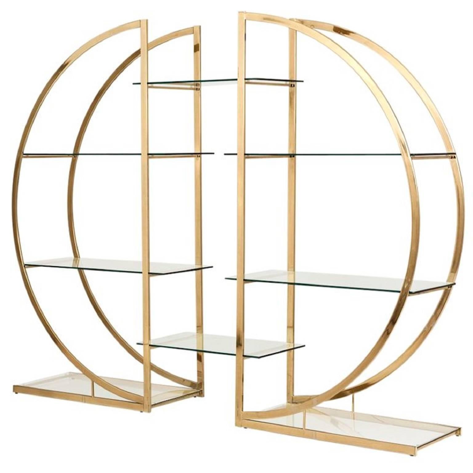 Milo Baughman Art Deco Brass Pair of Etageres Circular D Hollywood Regency Shelf