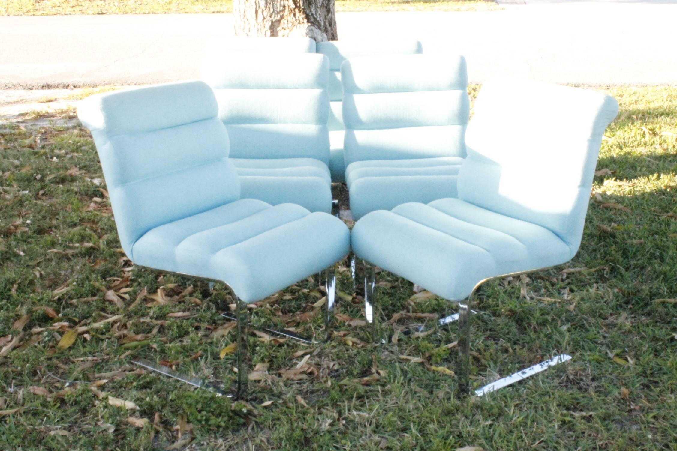 Set of six vintage Hollywood Palm Beach Regency chrome cantilever side dining chairs by Preview Furniture. These have there original vintage fabric which has some fading and light stains. New upholstery is recommended. Chrome is pristine. 
