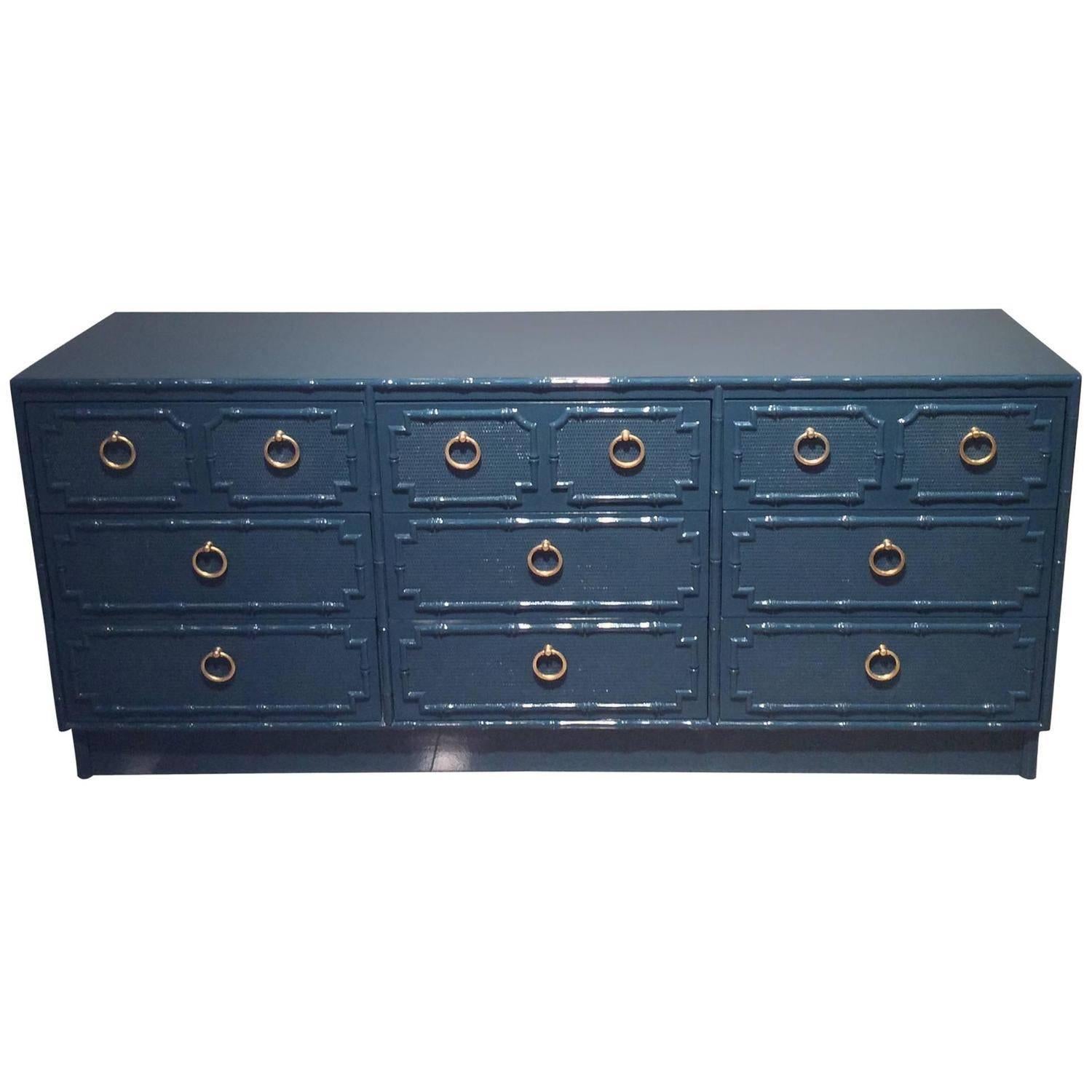 Faux Bamboo Vintage Newly Lacquered Credenza Sideboard Nine Drawer Dresser