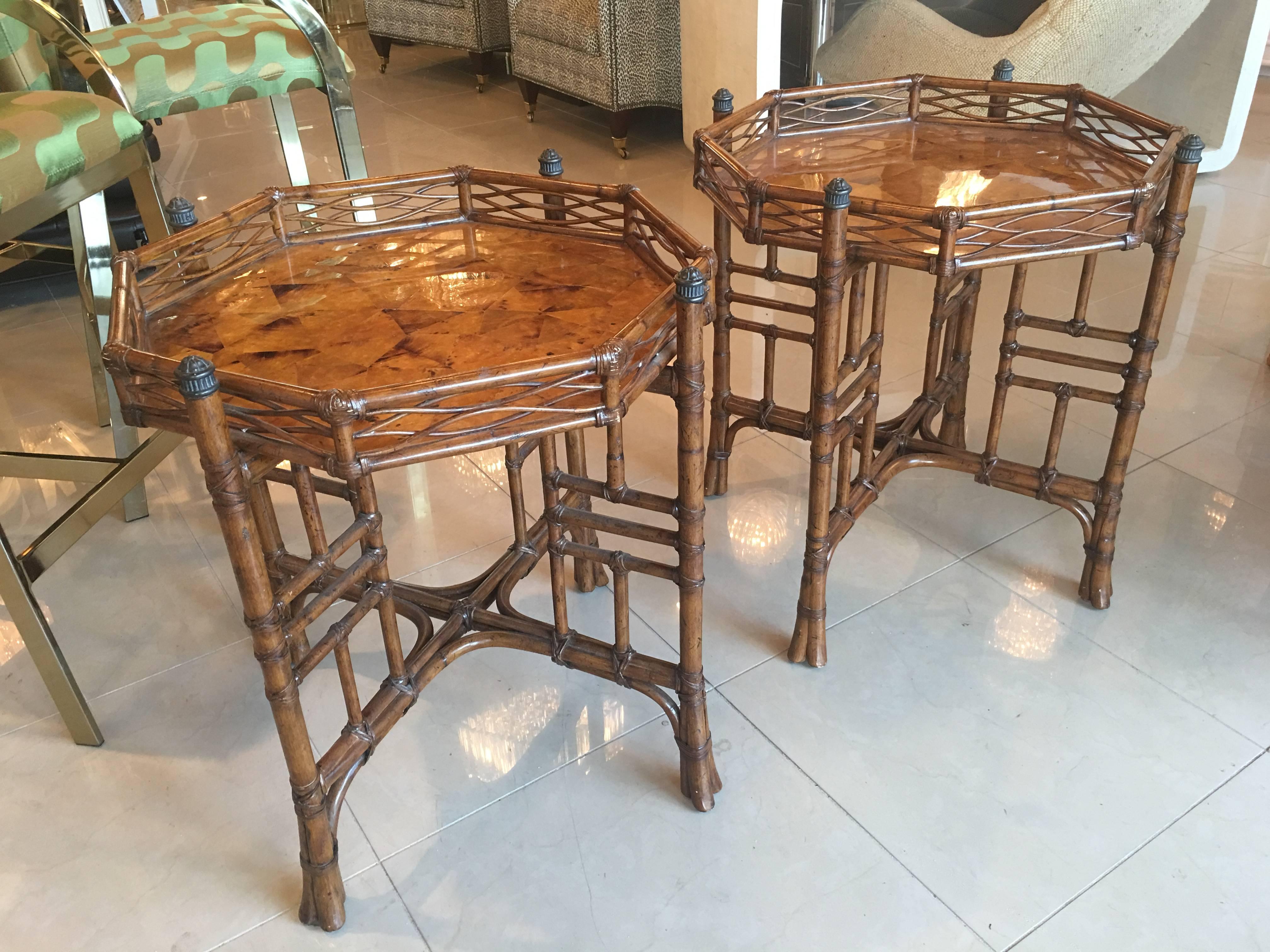 Pair of vintage rattan tortoise shell bamboo octagonal top side or end tables. Lovely tropical, Palm Beach feel.
 