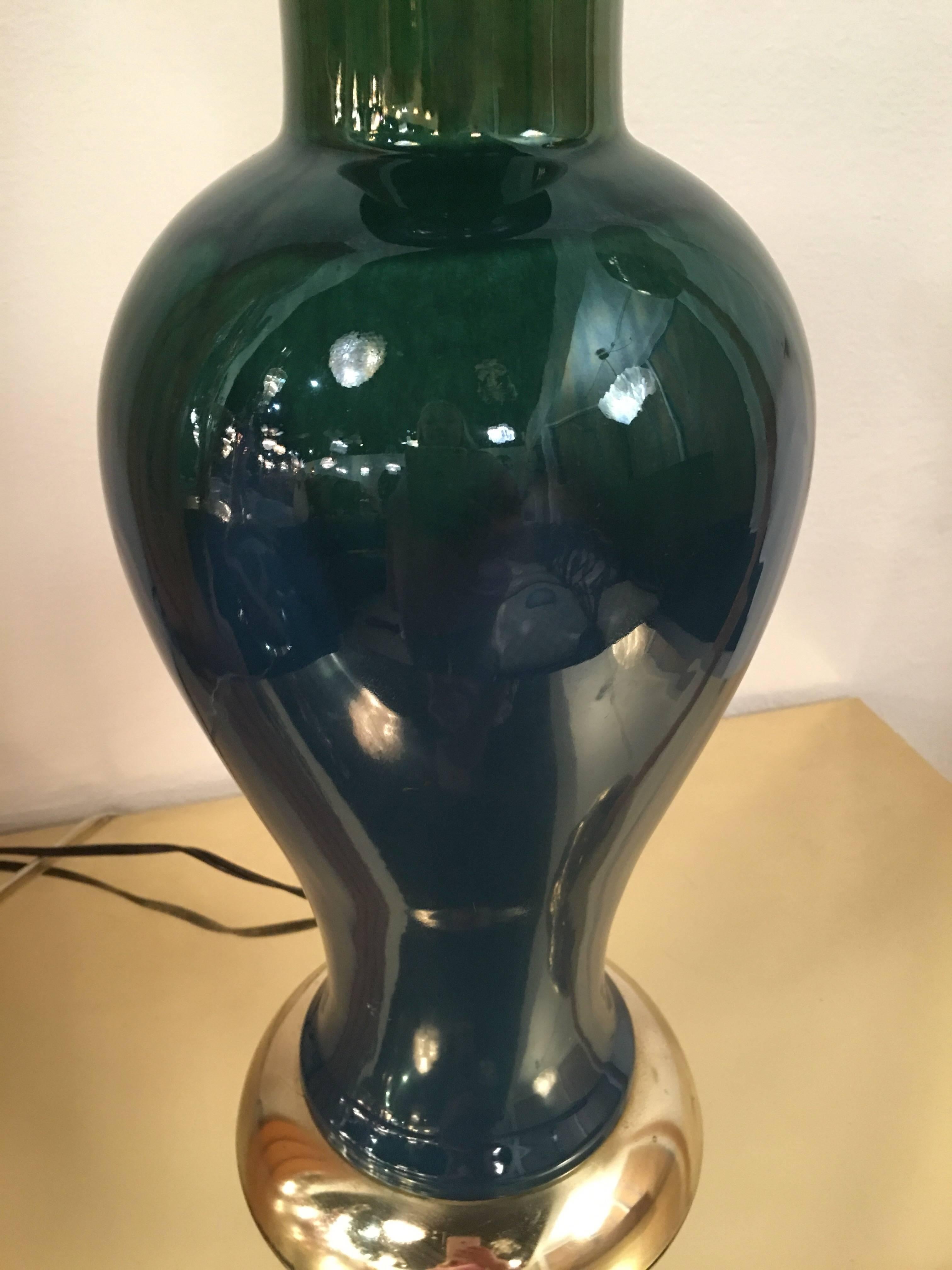 Vintage blue and green drip glaze table lamp with polished brass base, Mid-Century Modern. Tested, working order.