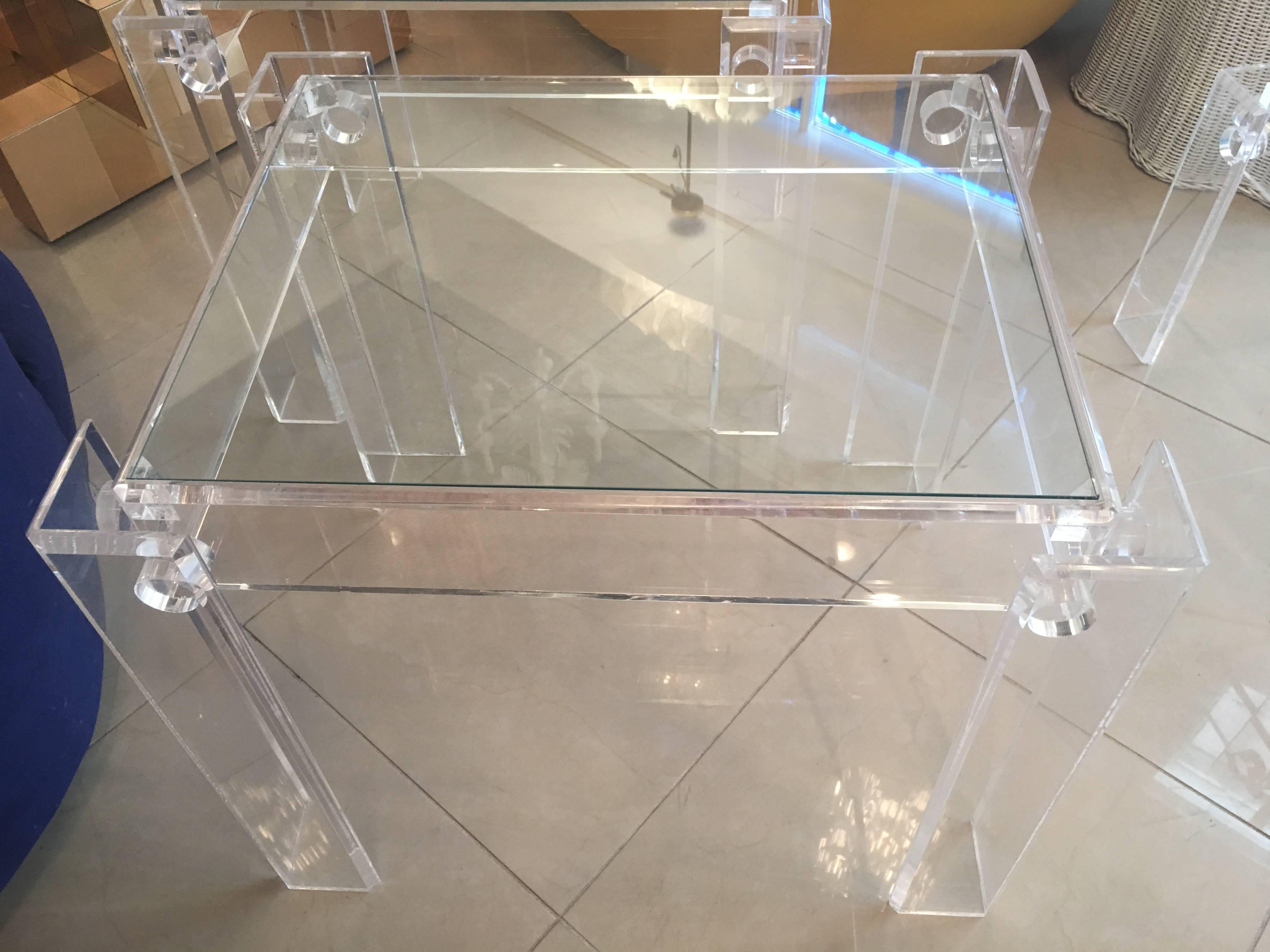 Vintage Pair of Lucite End Side Tables with Glass Top, Peg, Bolt 3