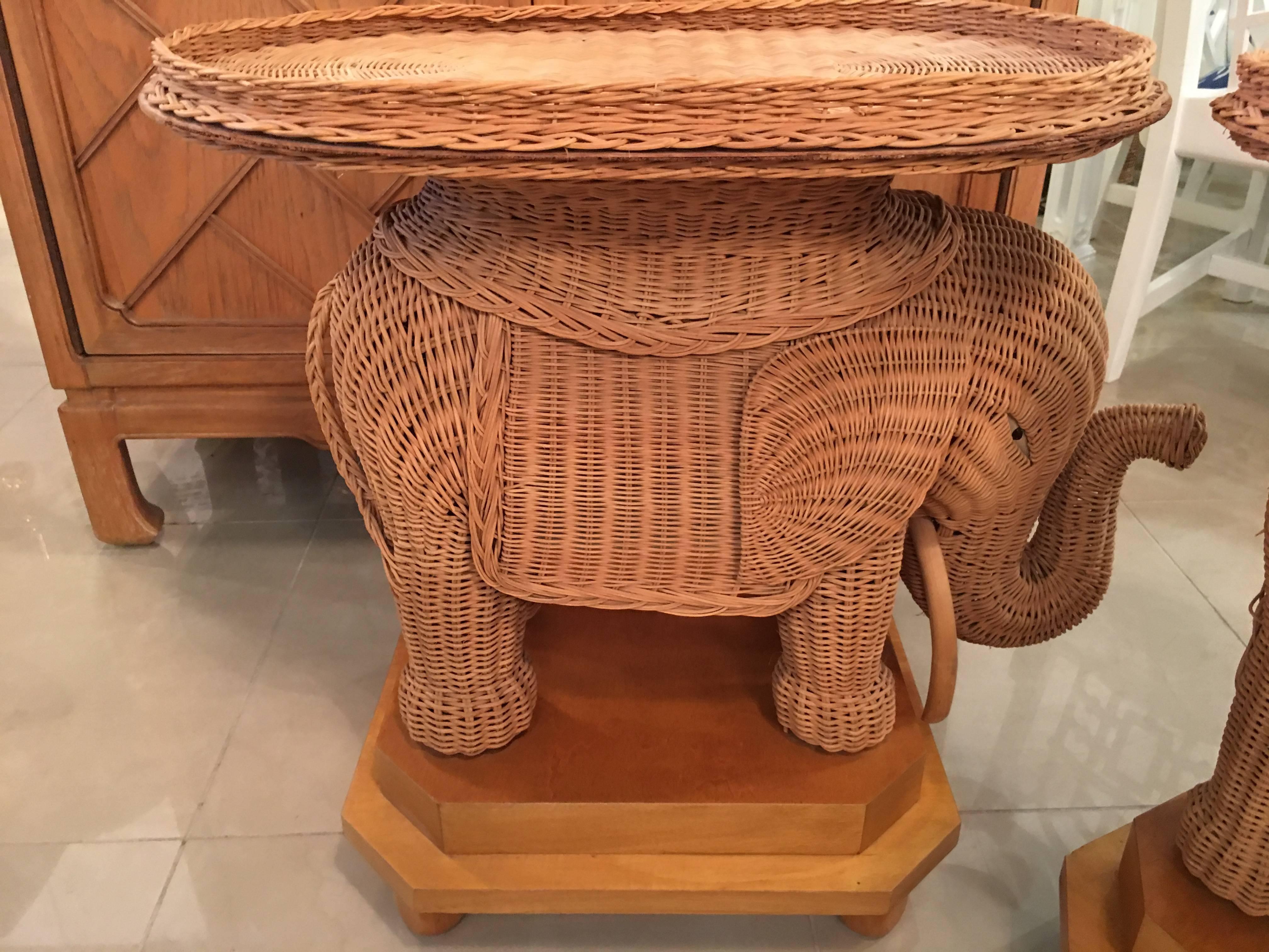 Such an amazing pair of vintage wicker garden elephant stand, stools, side or end tables. The top wicker tray, table tops are removable (pictured).