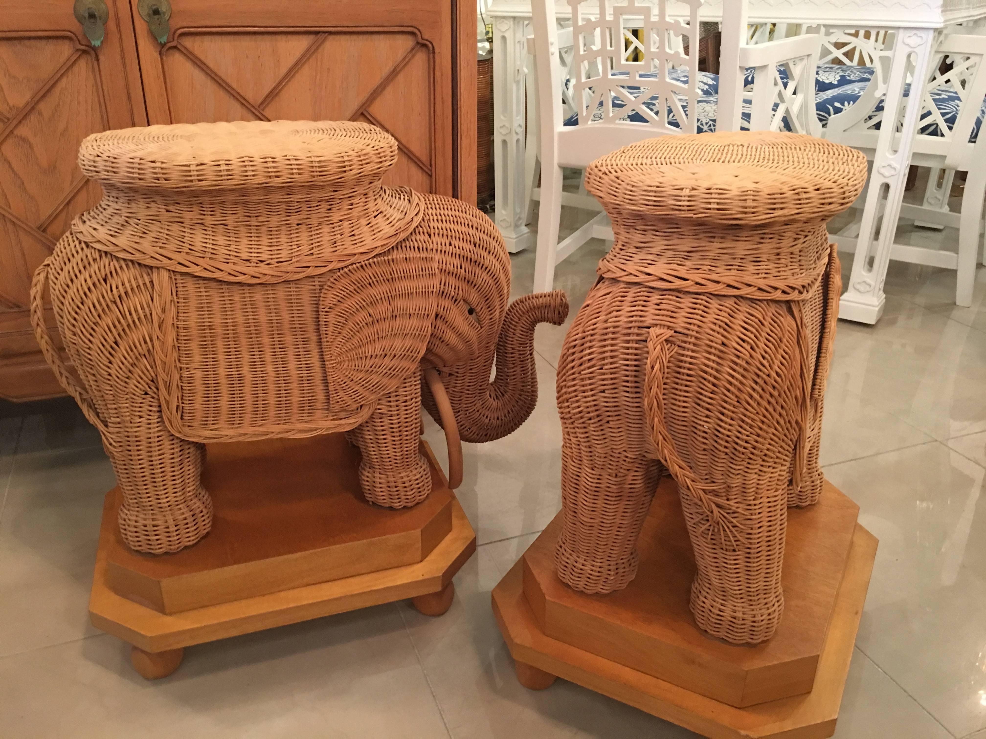 American Pair of Wicker Elephant Garden Stool Stands End Side Tables Palm Beach
