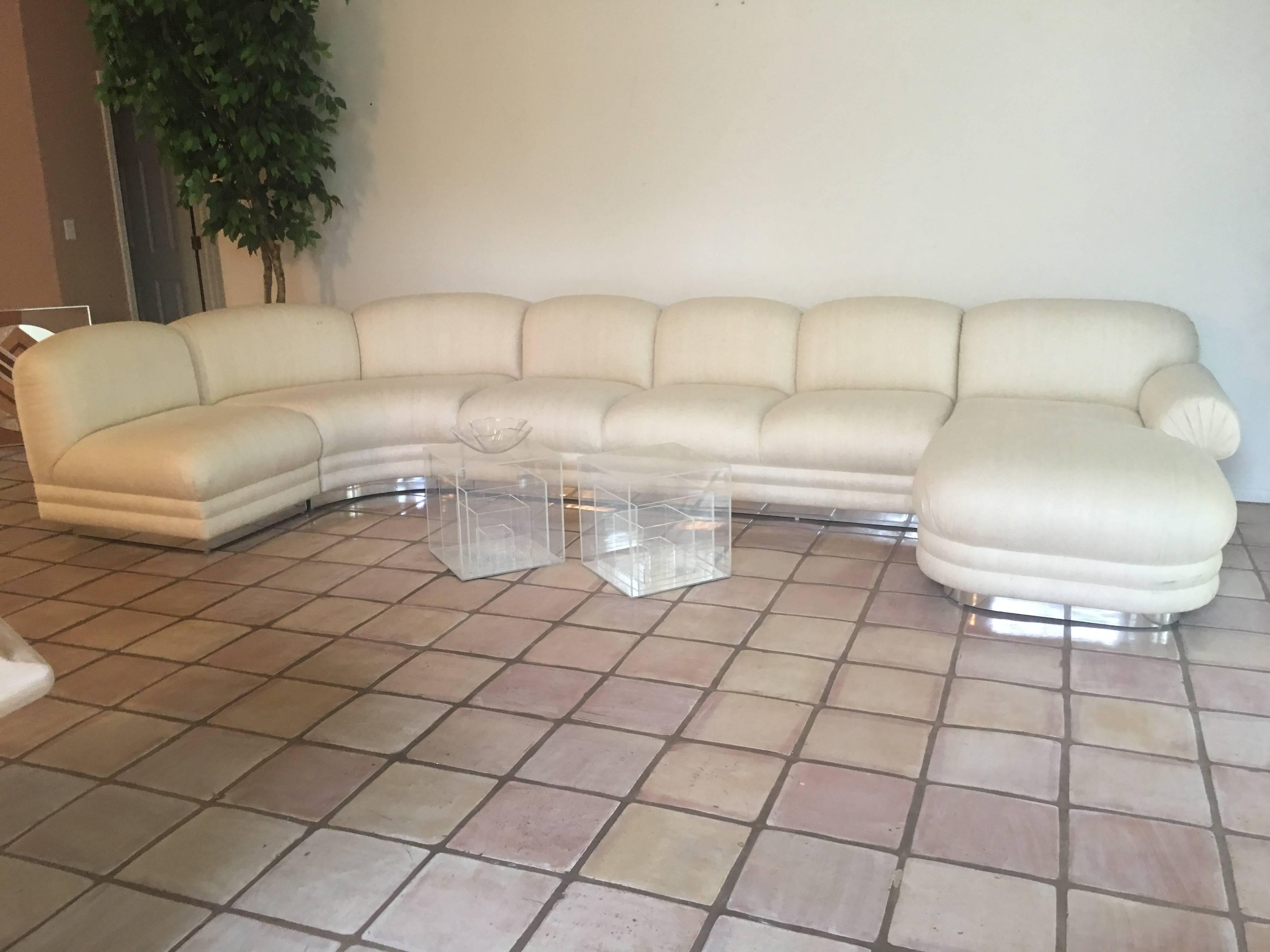 Sectional Sofa Four-Piece with Chaise Chrome Base in Milo Baughman Style 2