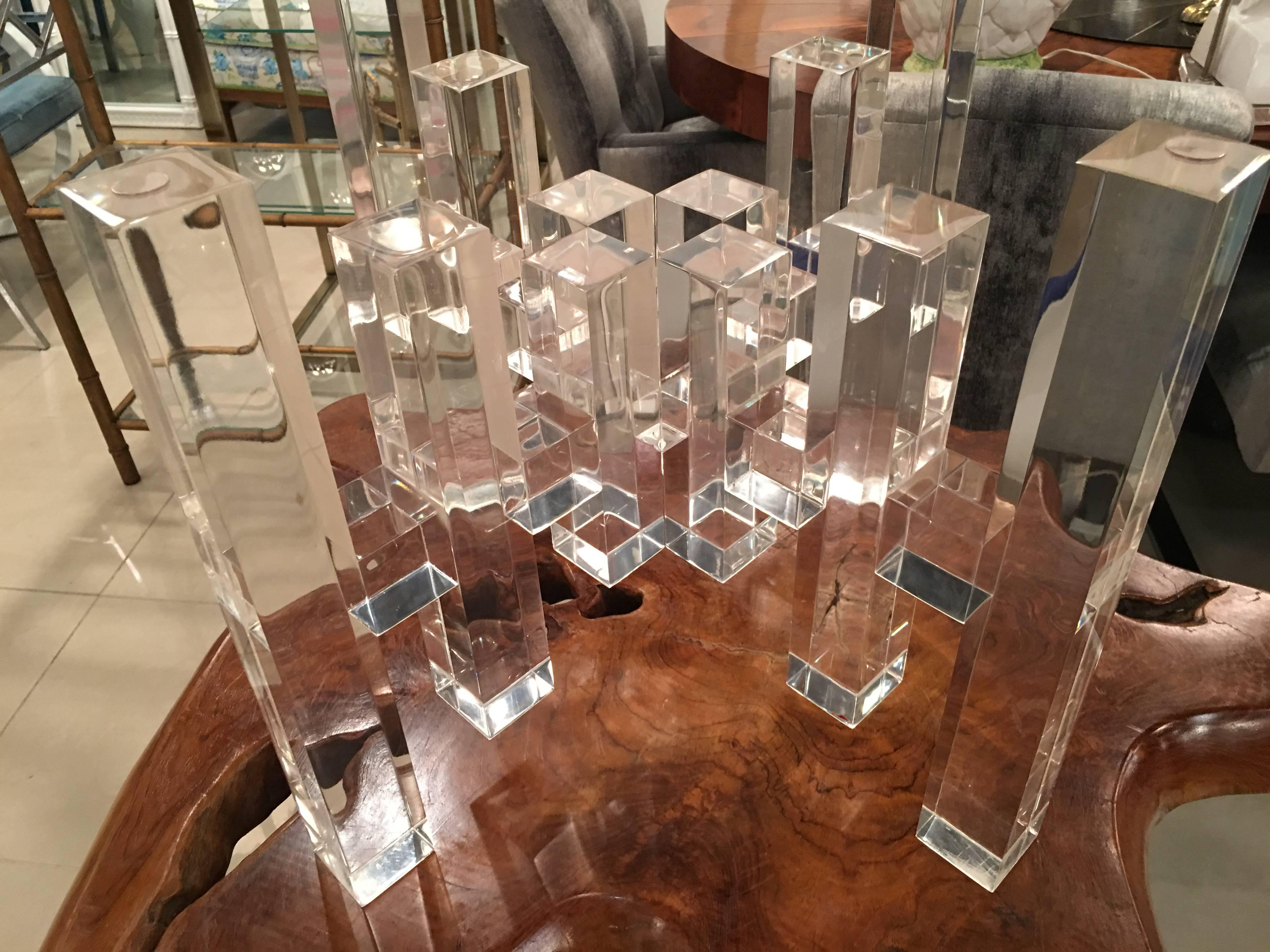 Lucite Skyscraper Coffee Cocktail Table Architectural Columns In Good Condition For Sale In West Palm Beach, FL
