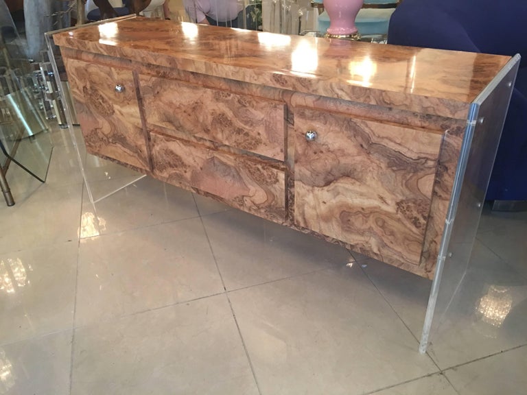 Faux Burl and Lucite Credenza Buffet Sideboard Dresser Chrome at 1stDibs
