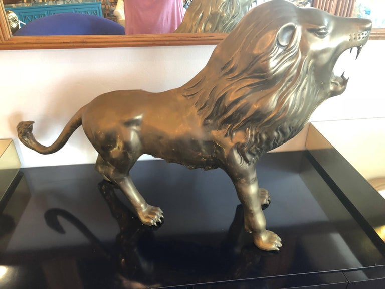Vintage Brass Lion Statue Monumental Size Hollywood Regency For Sale at