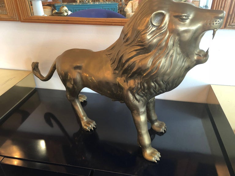 Vintage Brass Lion Statue Monumental Size Hollywood Regency For Sale at
