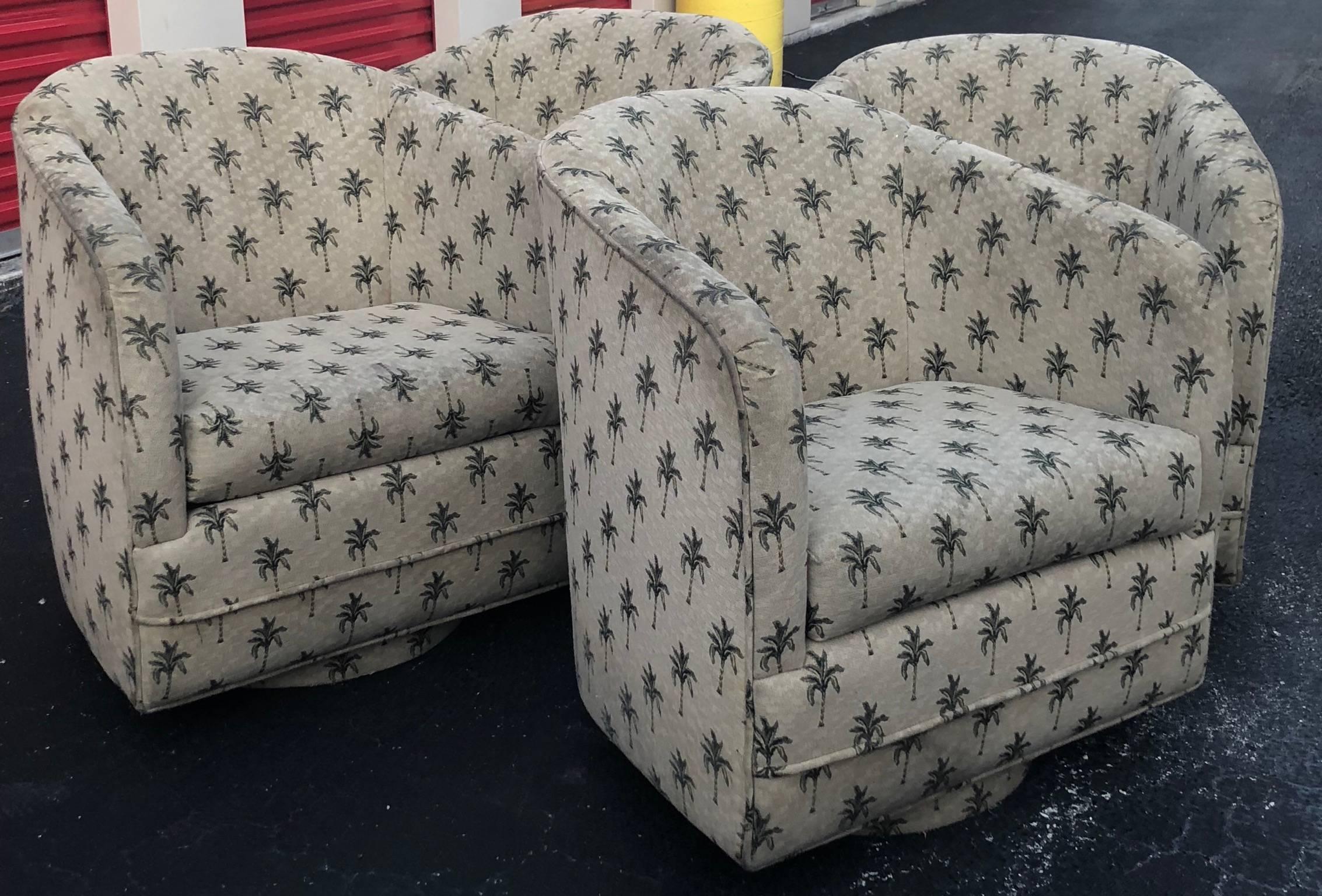 Set of Four Swivel Armchairs, Tub Barrel, Round Platform Base In Good Condition In West Palm Beach, FL