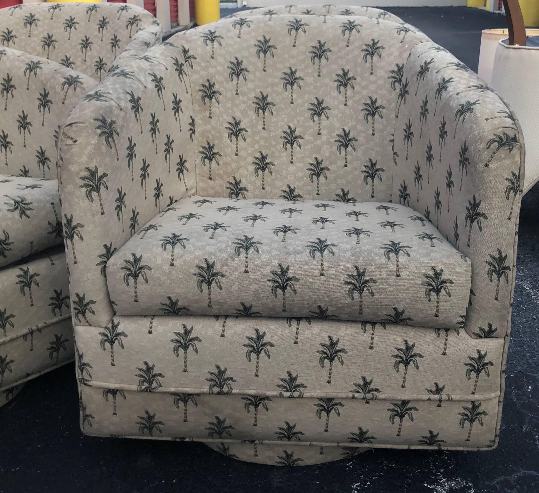 Set of four Swivel armchairs, Barrel tub with round circular platform base. The four are identical. These must be reupholstered as they have there original “as found” fabric which has stains.