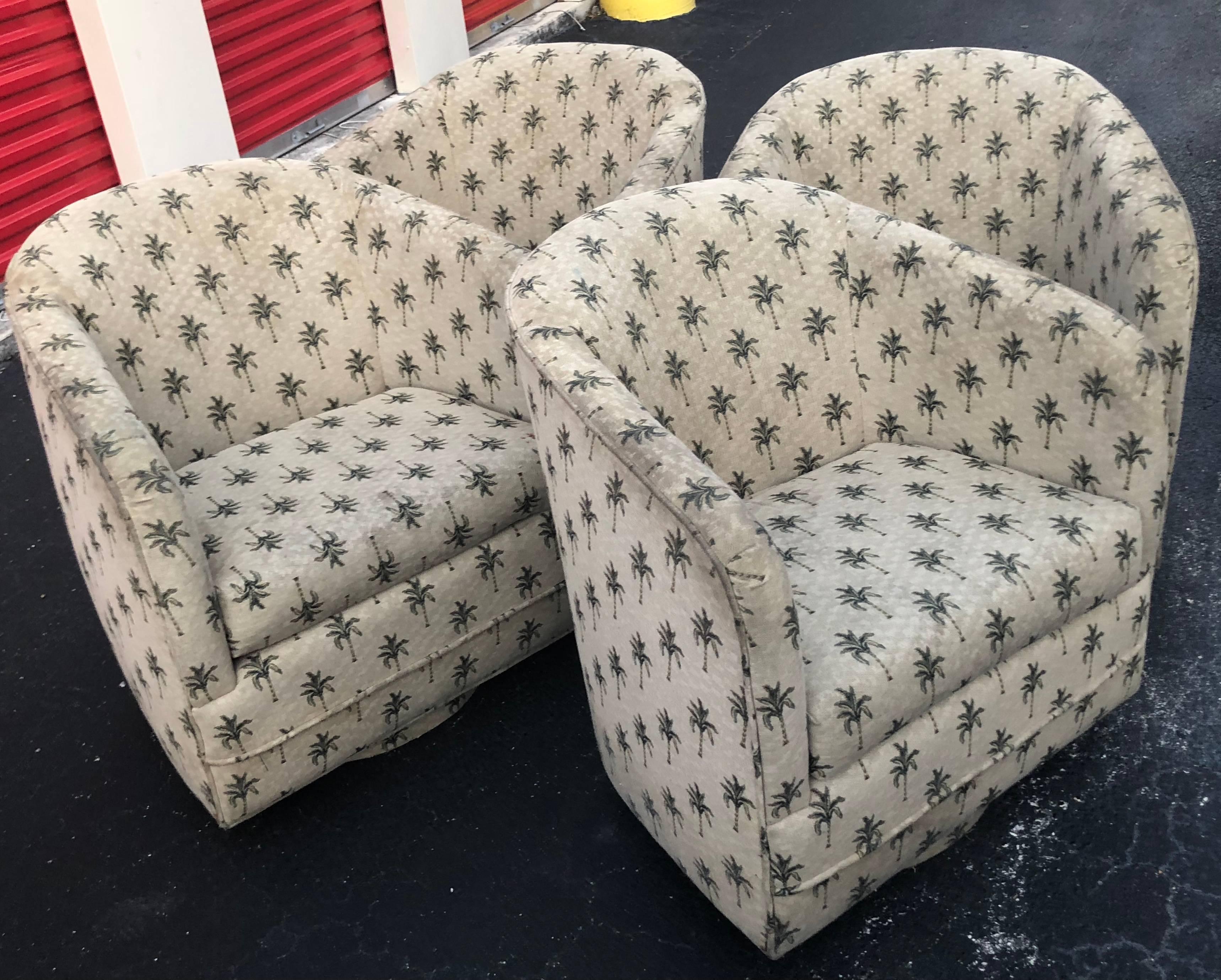 Upholstery Set of Four Swivel Armchairs, Tub Barrel, Round Platform Base