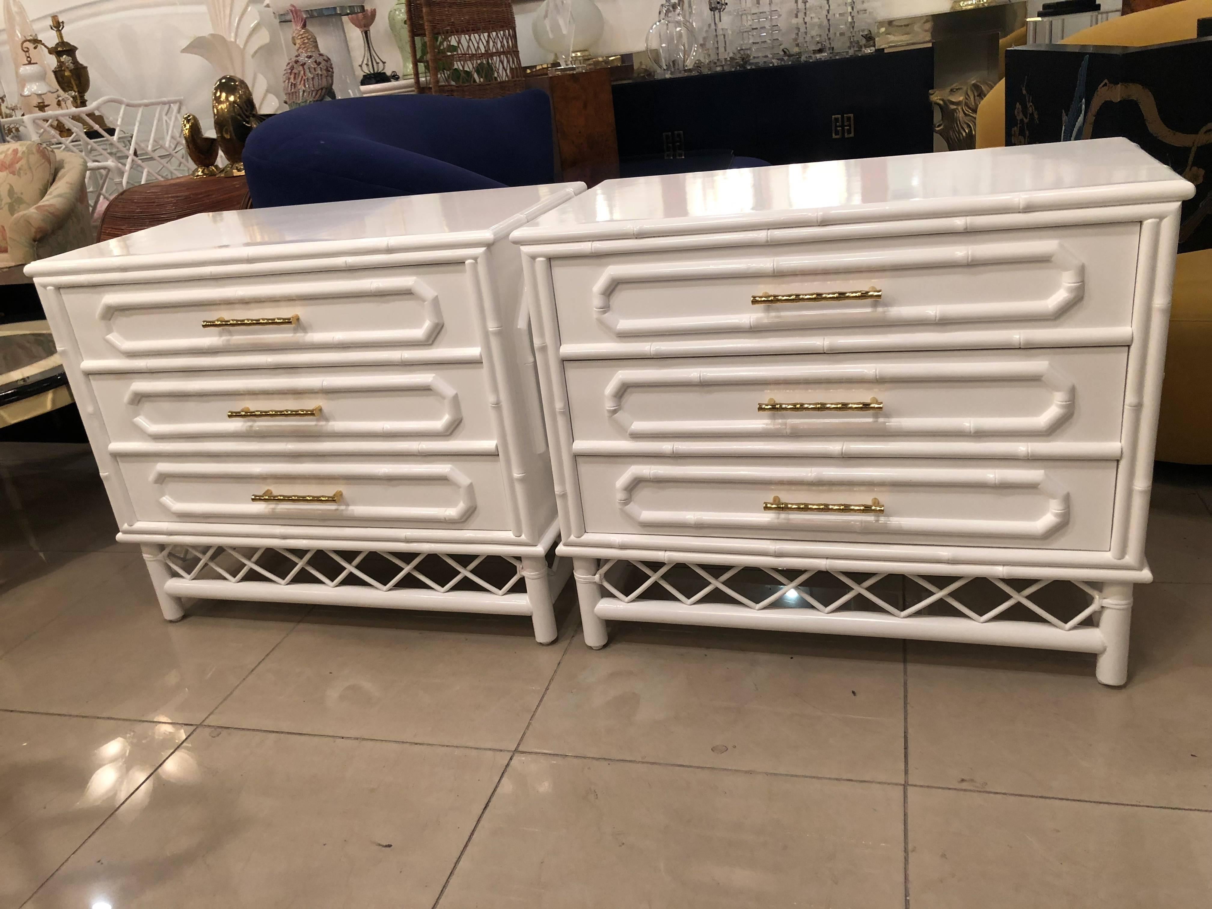 White Lacquered Pair Faux Bamboo Chests Nightstands Chinese Chippendale Brass 3