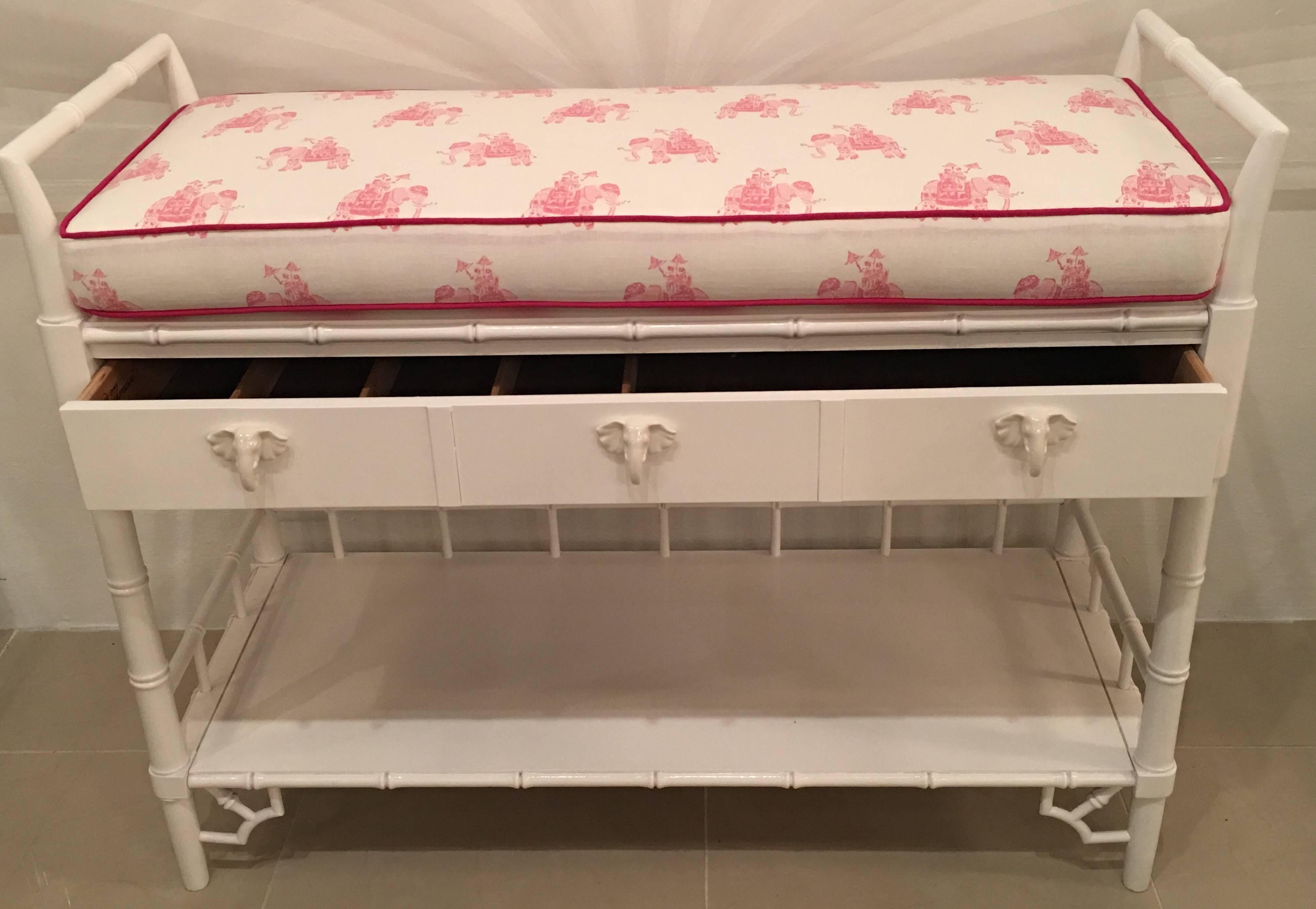 The most amazing custom, changing table! Newly lacquered in a white gloss finish, drawer with dividers, ceramic elephant drawer knobs, all new changing table pad with Lilly Pulitzer Pink elephant fabric and matching pink piping. Faux bamboo,