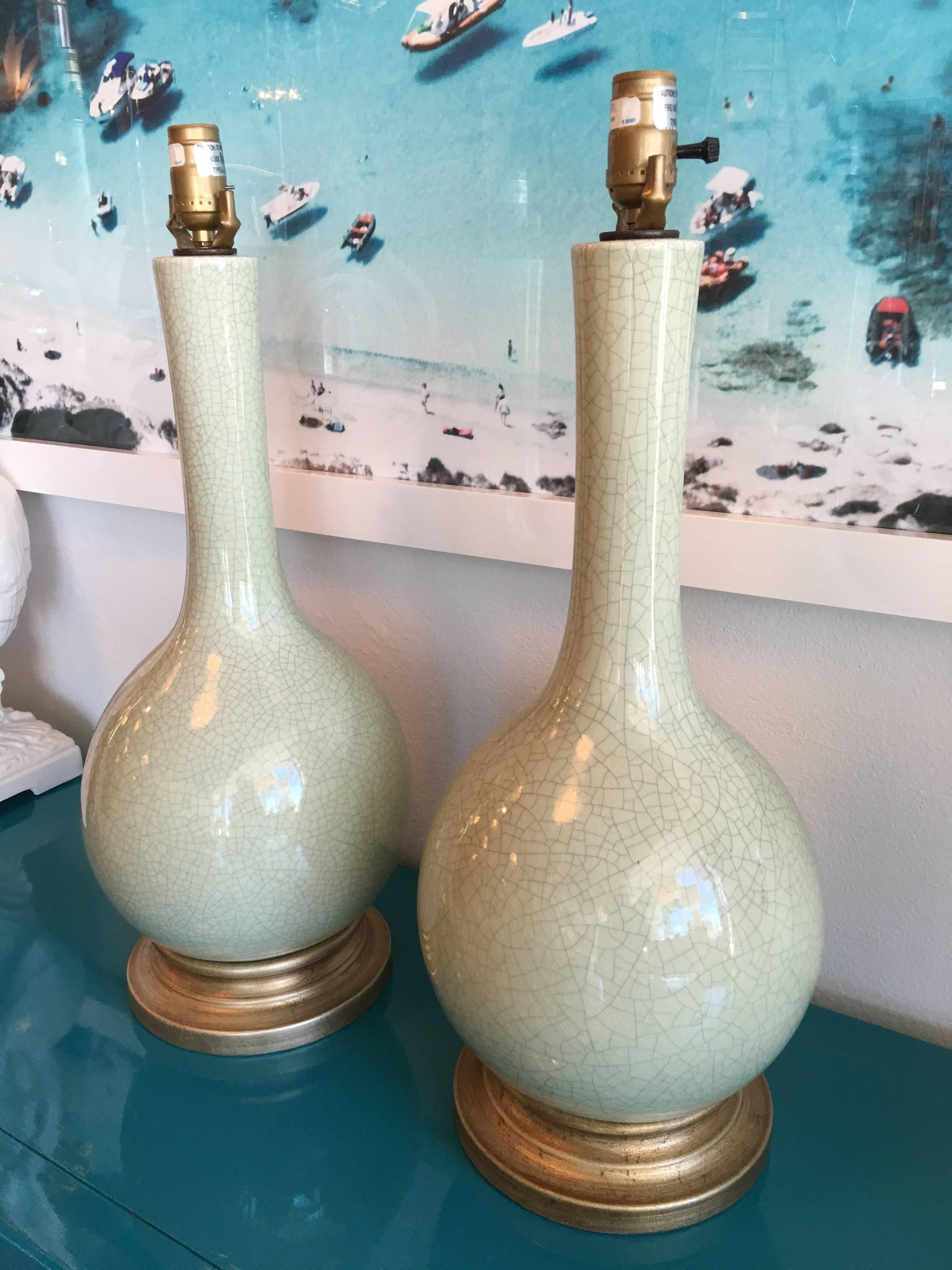 Late 20th Century Pair of Table Lamps Green Celadon Crackled Glazed Porcelain Vintage Chinoiserie