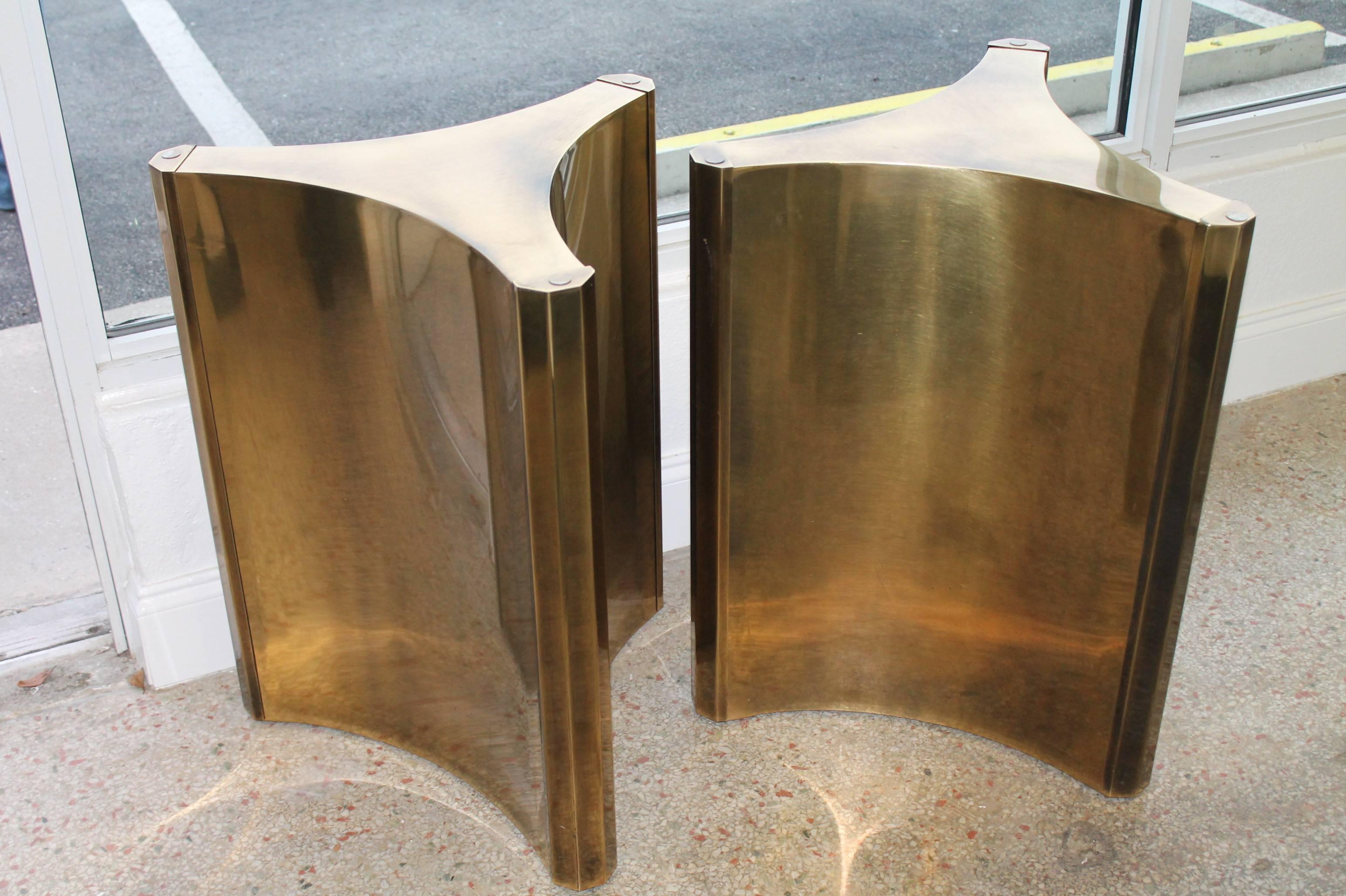 Vintage pair of brass Mastercraft pedestal trilobi bases. These can be used as a dining table, desk or console table. Glass top not included.