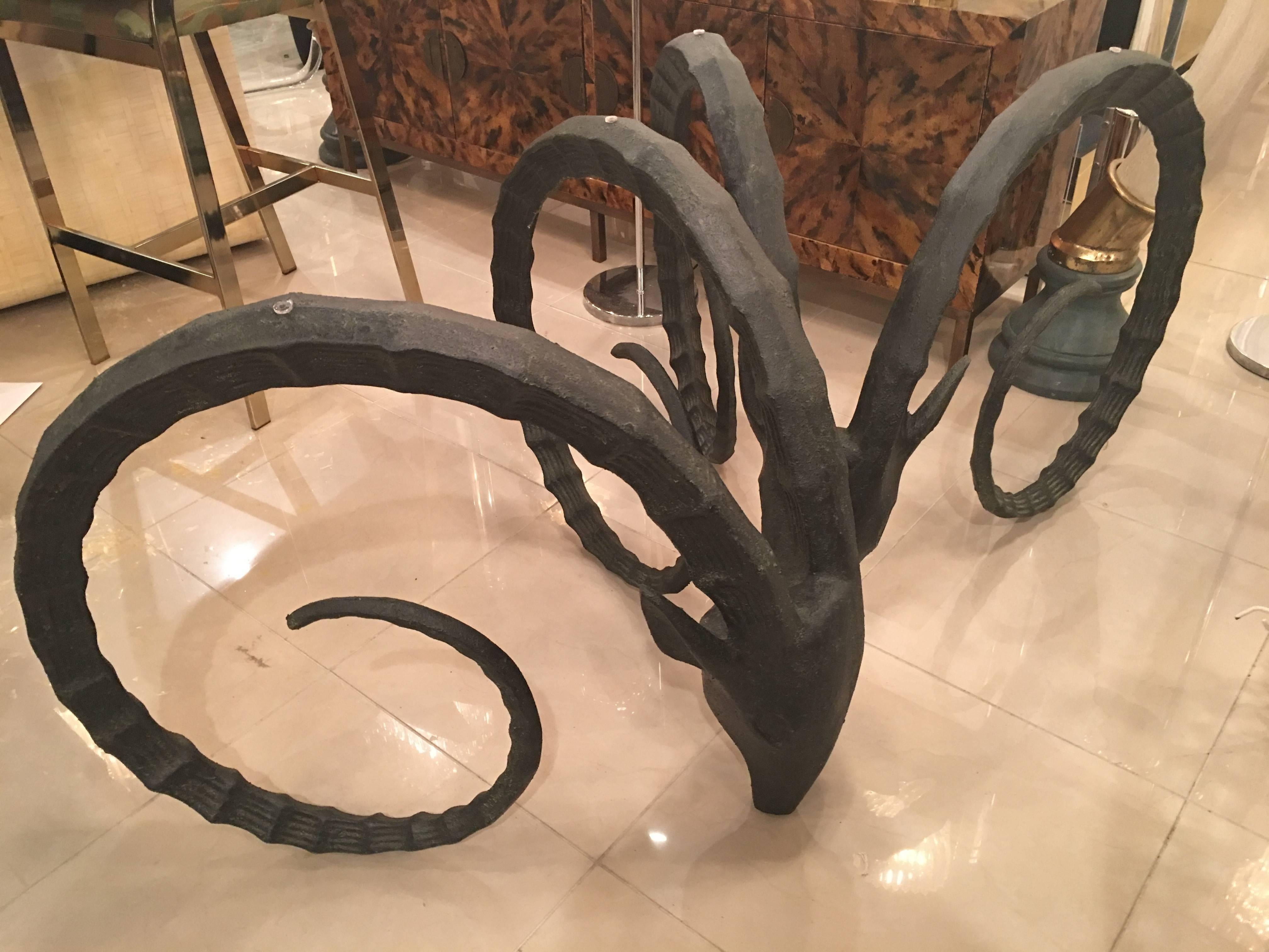 Hollywood Regency Pair of Black Rams Head Ibex Ram Dining Table or Office Desk Base Metal Gazelle