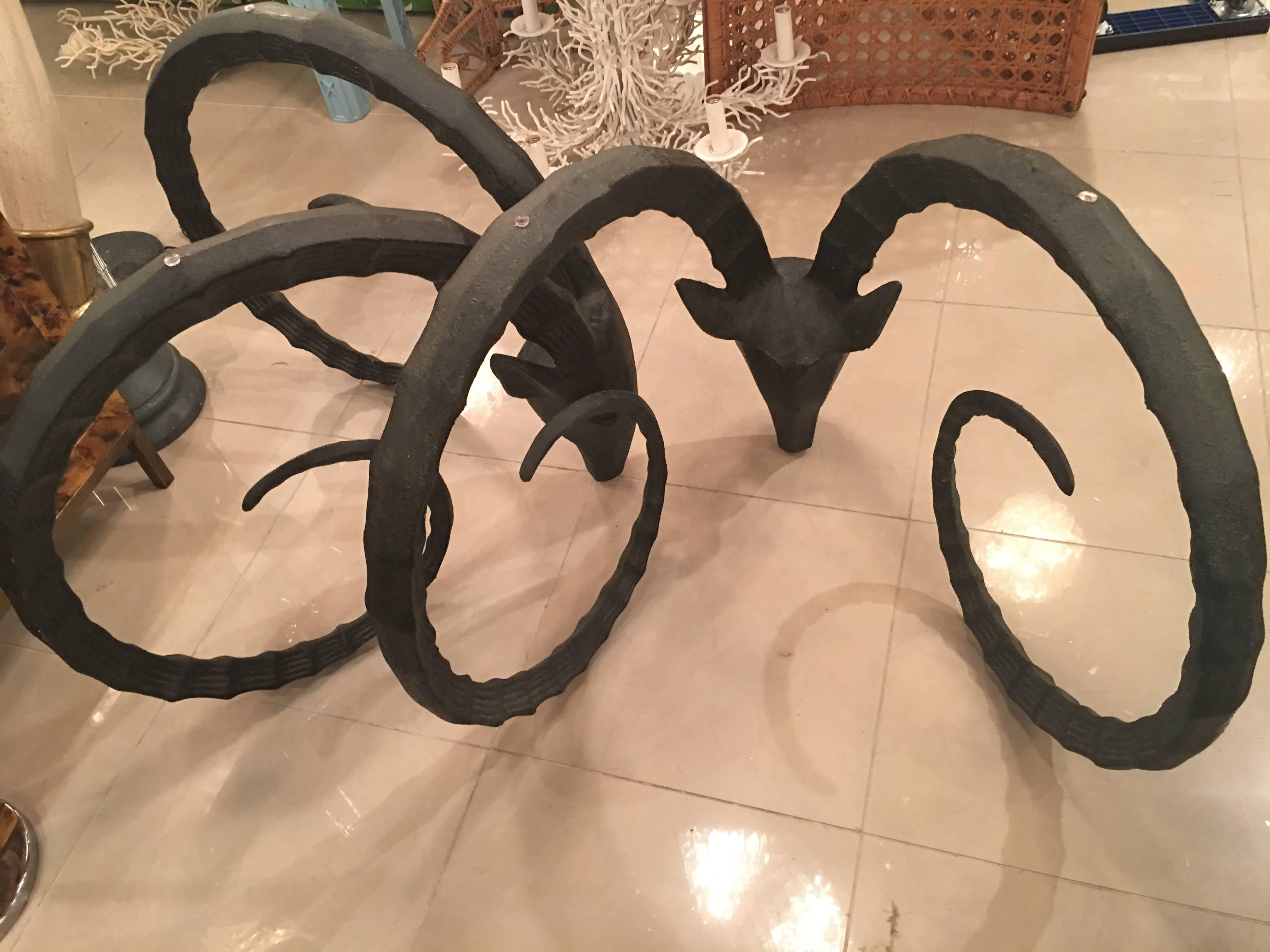Pair of Black Rams Head Ibex Ram Dining Table or Office Desk Base Metal Gazelle In Good Condition In West Palm Beach, FL
