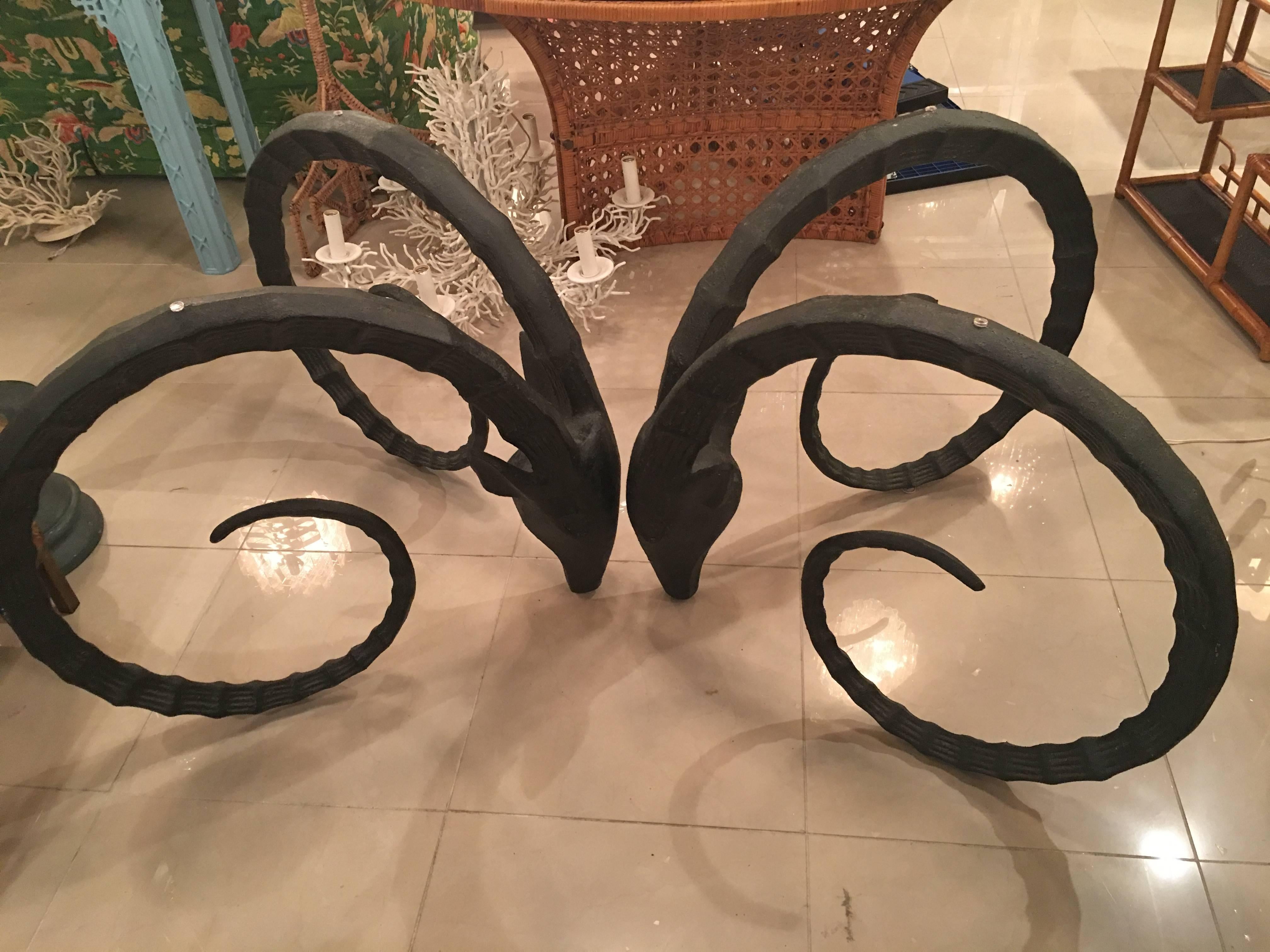 Late 20th Century Pair of Black Rams Head Ibex Ram Dining Table or Office Desk Base Metal Gazelle