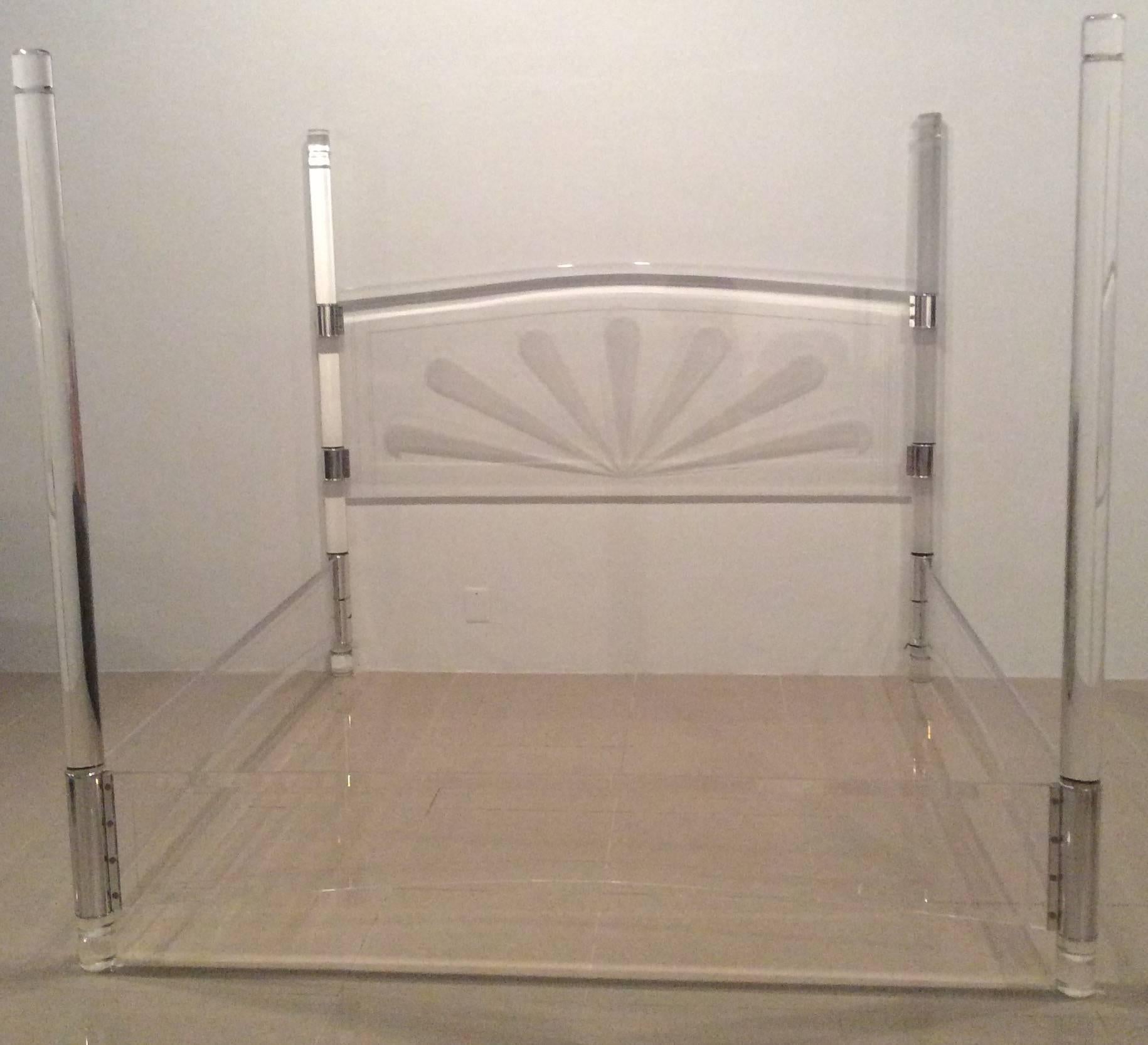 Lucite and Chrome Four Post Canopy Bed King Size Vintage Headboard Midcentury In Excellent Condition In West Palm Beach, FL