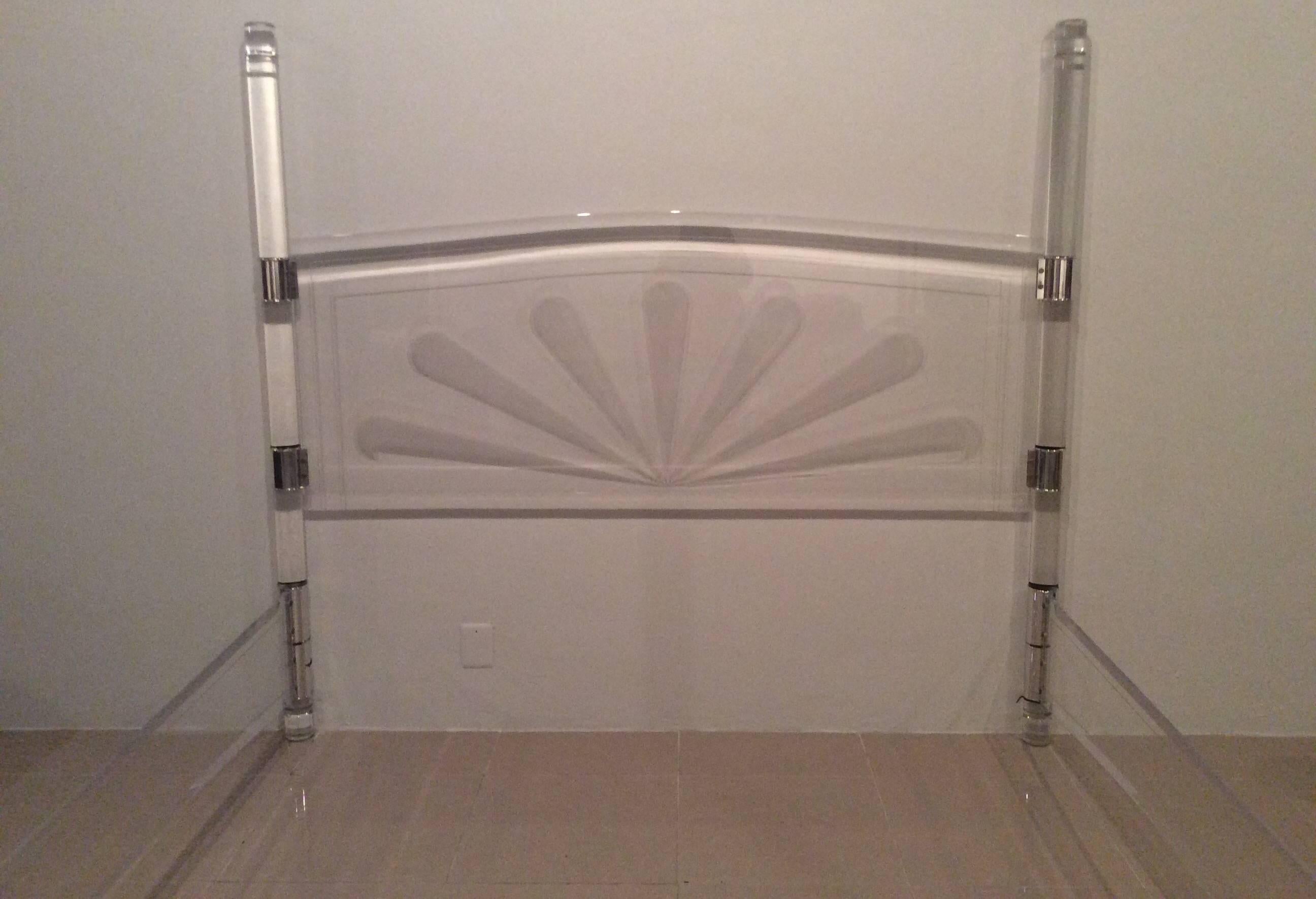 20th Century Lucite and Chrome Four Post Canopy Bed King Size Vintage Headboard Midcentury